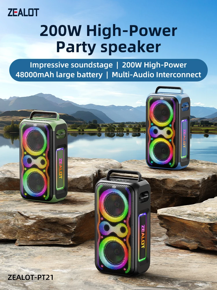 ZEALOT-PT21 200W Przenośny głośnik Bluetooth, głośnik bezprzewodowy IPX5 Wodoodporne głośniki Bluetooth z subwooferem, wzmacnianiem basów czarny