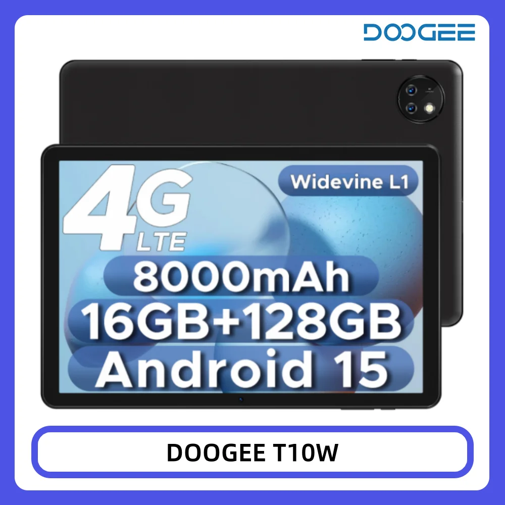 DOOGEE T10W 10,1-calowy wyświetlacz HD Android 15 16 GB RAM 128 GB ROM 8000 mAh Duża bateria 4GLTE Unisoc T310 Pad PC