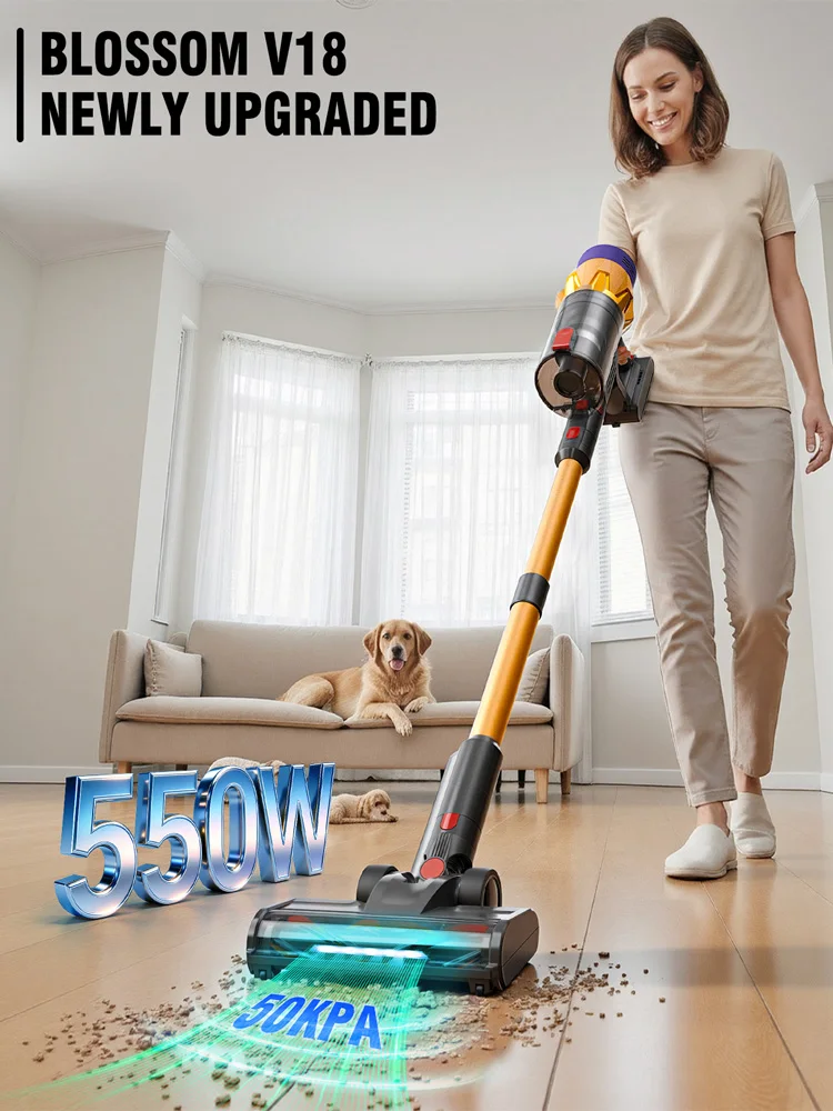Odkurzacz bezprzewodowy Blossom V18, 550W 45KPA 55-minutowy odkurzacz bezprzewodowy typu stick z ekranem dotykowym, bardzo lekki, 6 lbs