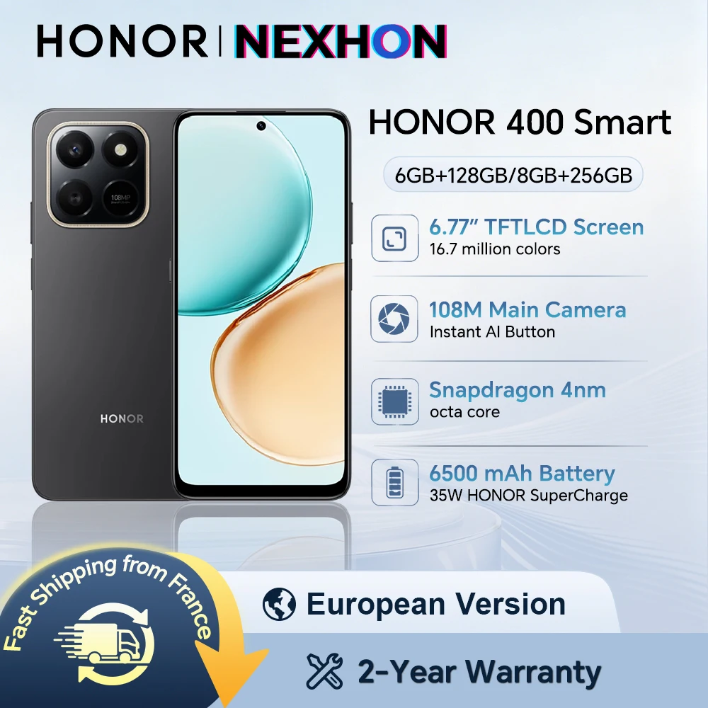 HONOR 400 Smart 4G, wersja EU, smartfon 4G, główny aparat 108MP, bateria 6500mAh, wyświetlacz 6,77 cala 120Hz, procesor Octa-core, smartfon HONOR