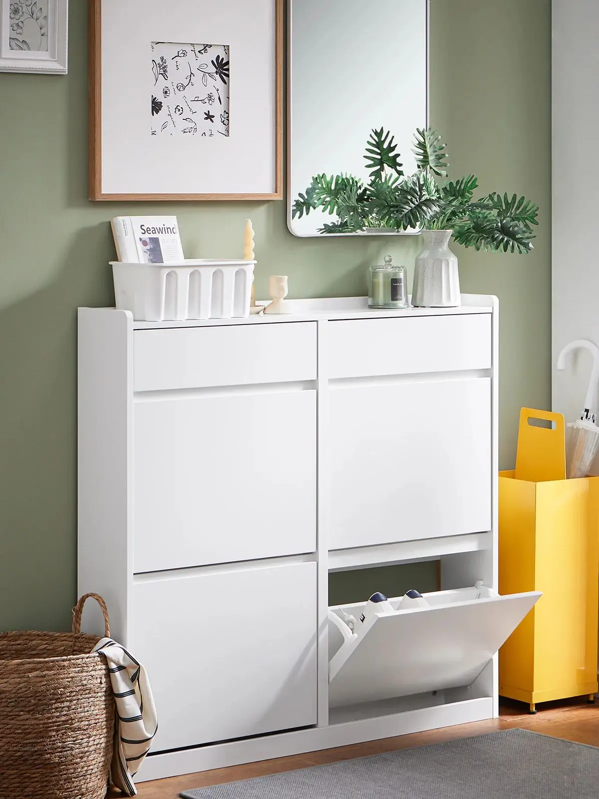 SoBuy FSR169-W wąski regał na buty z 4 przegródkami, 4 miejsca do przechowywania, biały BHT, około 98x95x19cm
