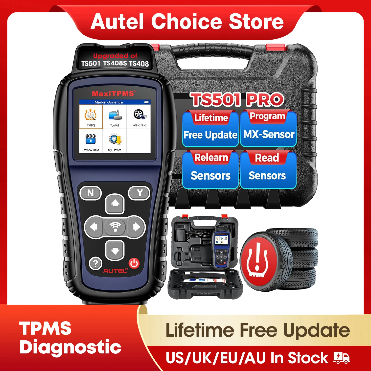 Autel MaxiTPMS TS501 PRO Narzędzie do programowania TPMS, ponowne naukowanie/aktywacja 99% czujników TPMS, tester ciśnienia w oponach, ulepszona wersja TS501 TS408S
