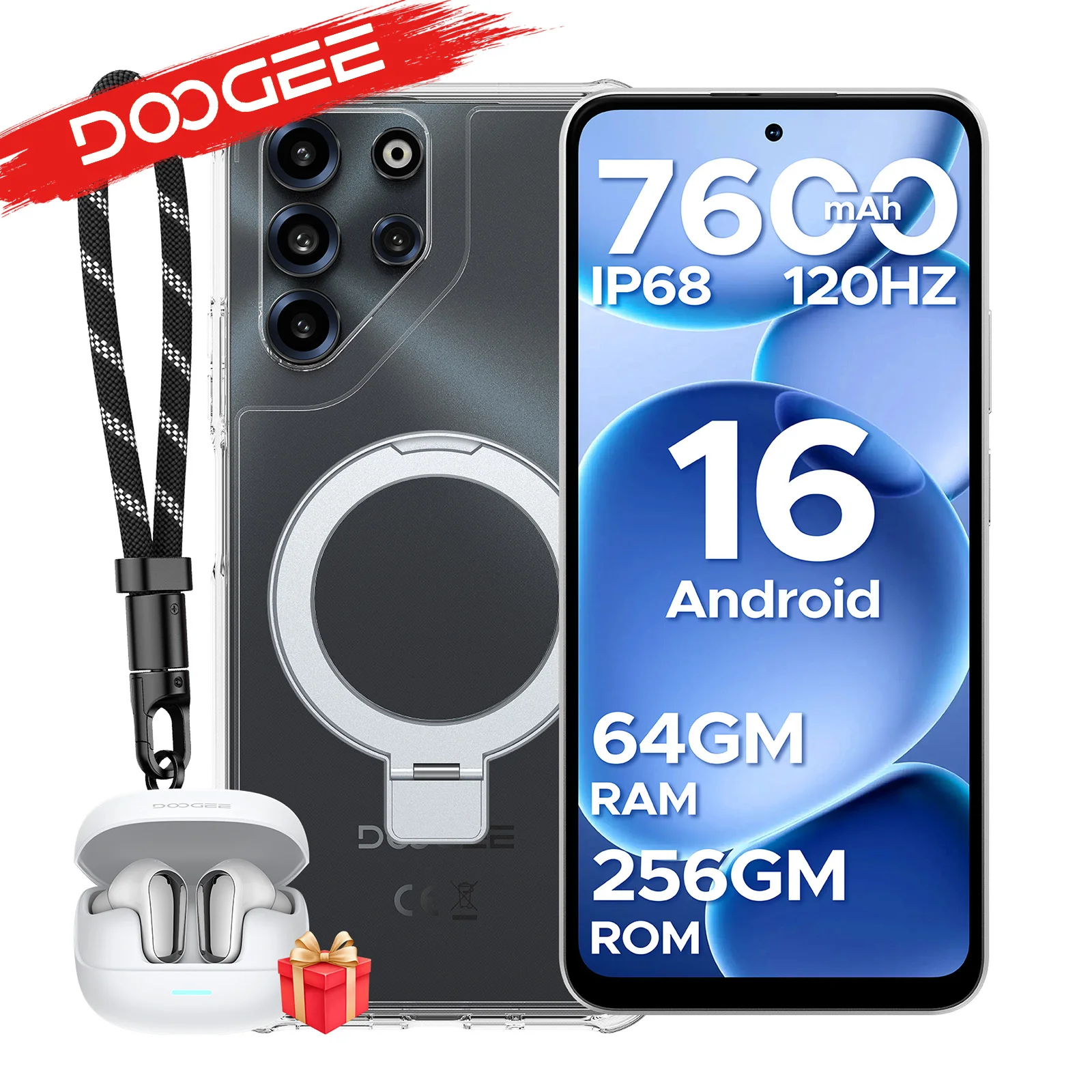 Smartfon DOOGEE B10 Pro, wodoodporny zgodnie z normą IP68, ekran 6,63 cala 120Hz, bateria 7600mAh, 64GB (8+56) RAM, 256GB ROM, Helio G100, obsługa Widevine L1, NFC, telefon komórkowy. Blue No Earbuds