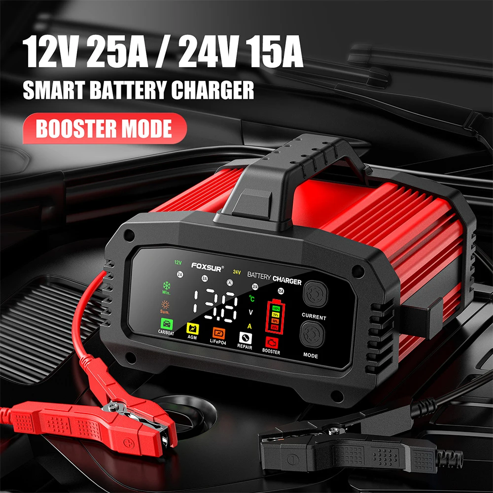 Ładowarka do akumulatorów samochodowych i motocyklowych 25A/15A 12V/24V, inteligentna ładowarka do akumulatorów litowych, AGM, GEL, kwasowo-ołowiowych i LiFePO4