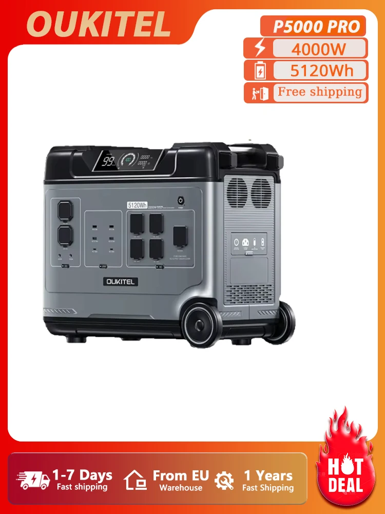 OUKITEL P5000 Pro 4000W Przenośna Stacja Zasilania, 5120Wh LiFePO4 Generator Solarny o Dużej Pojemności, Zasilacz Awaryjny UPS z Czystą Sinusoidą, Idealny do Domowego Zasilania Awaryjnego, Kempingu na