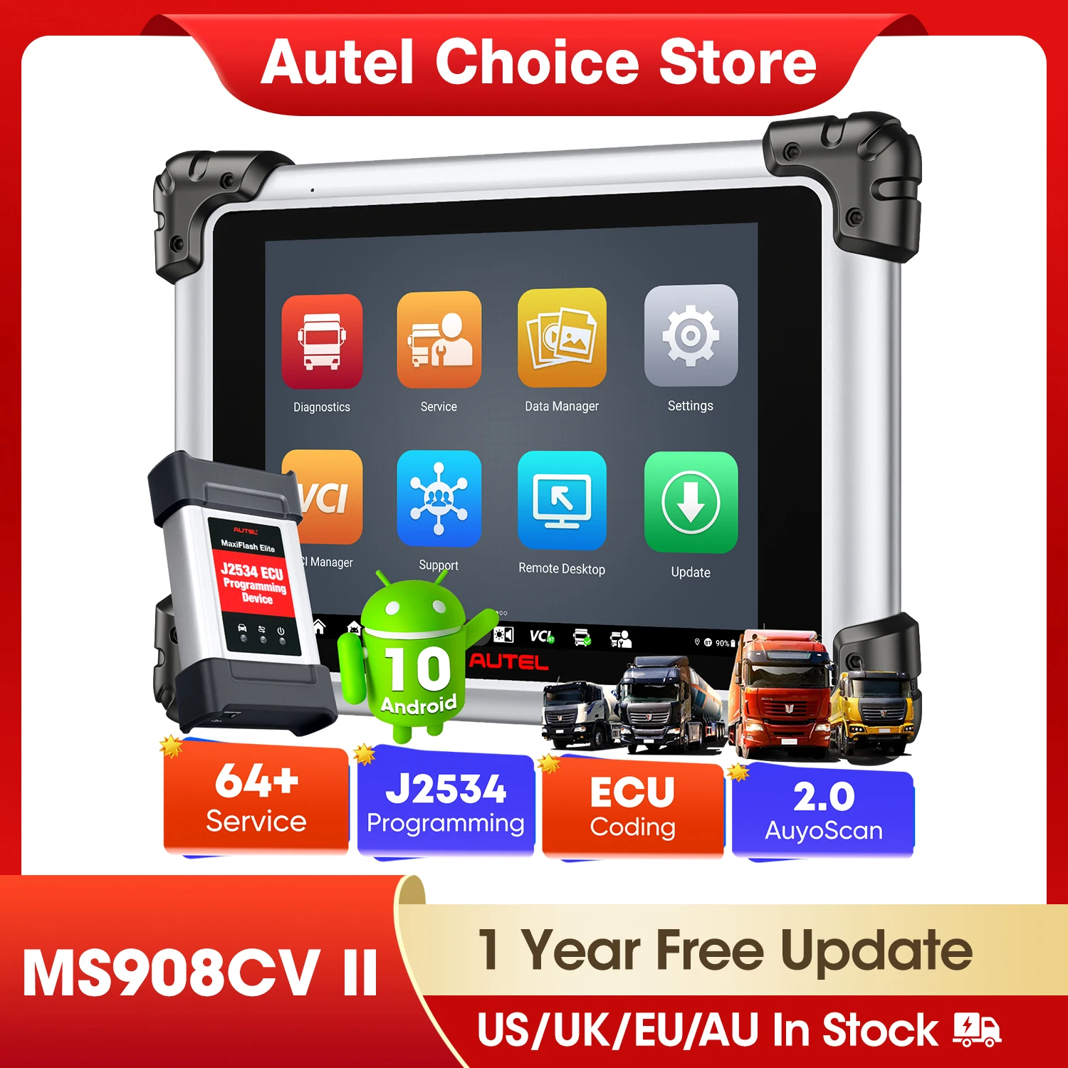 Autel MAXISYS MS908CV II Skaner do ciężarówek, kodowanie ECU, programator J2534, 64 funkcje serwisowe, diagnostyka Bluetooth, narzędzie diagnostyczne, zamiennik MS909CV