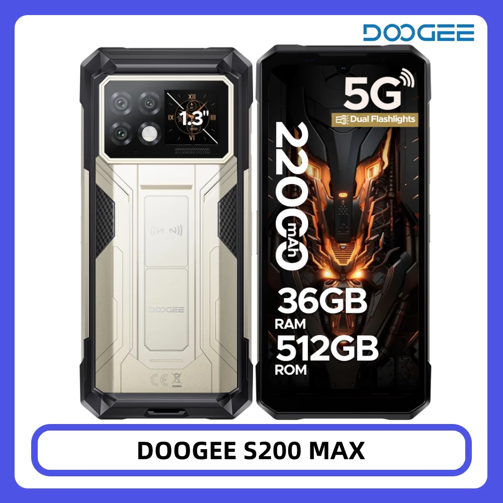 DOOGEE S200 Max Wytrzymały Telefon Komórkowy 36GB+512GB 22000mAh 66W Podwójna Latarka LED 1.32