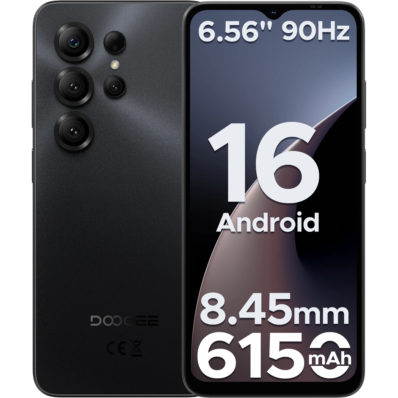 Smartfon DOOGEE Note56 X z Androidem 16, 24 GB RAM, 64 GB pamięci, ekran HD+ 6,56 cala, duża bateria 6150 mAh, aparat 8 MP + 5 MP, odblokowywanie twarzowe.