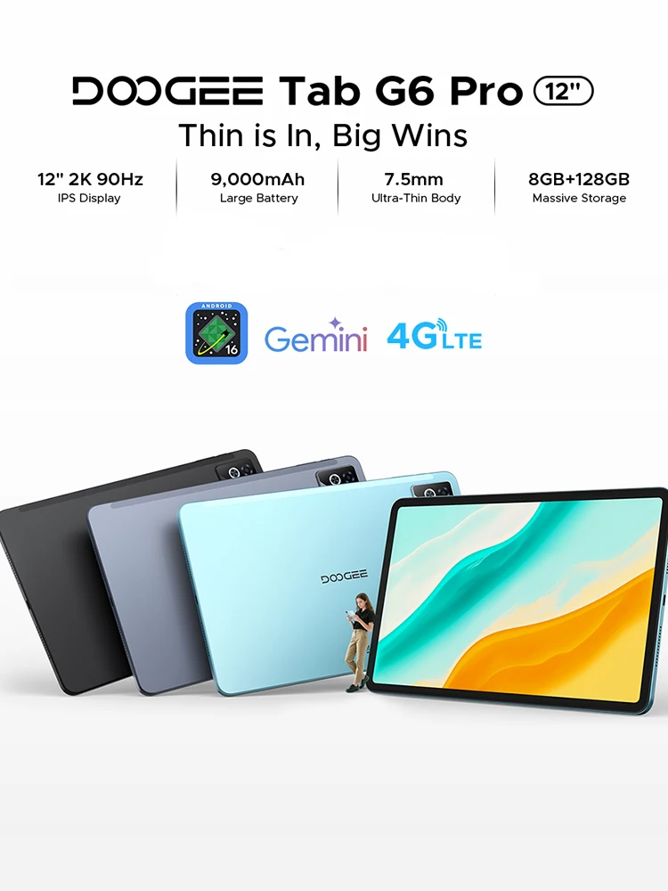 DOOGEE Tab G6 Pro Tablet PC Android 16 Gemini AI 12'' 2K Display 9000mAh Bateria 8GB RAM 128GB ROM Ultracienka obudowa Smart Pad