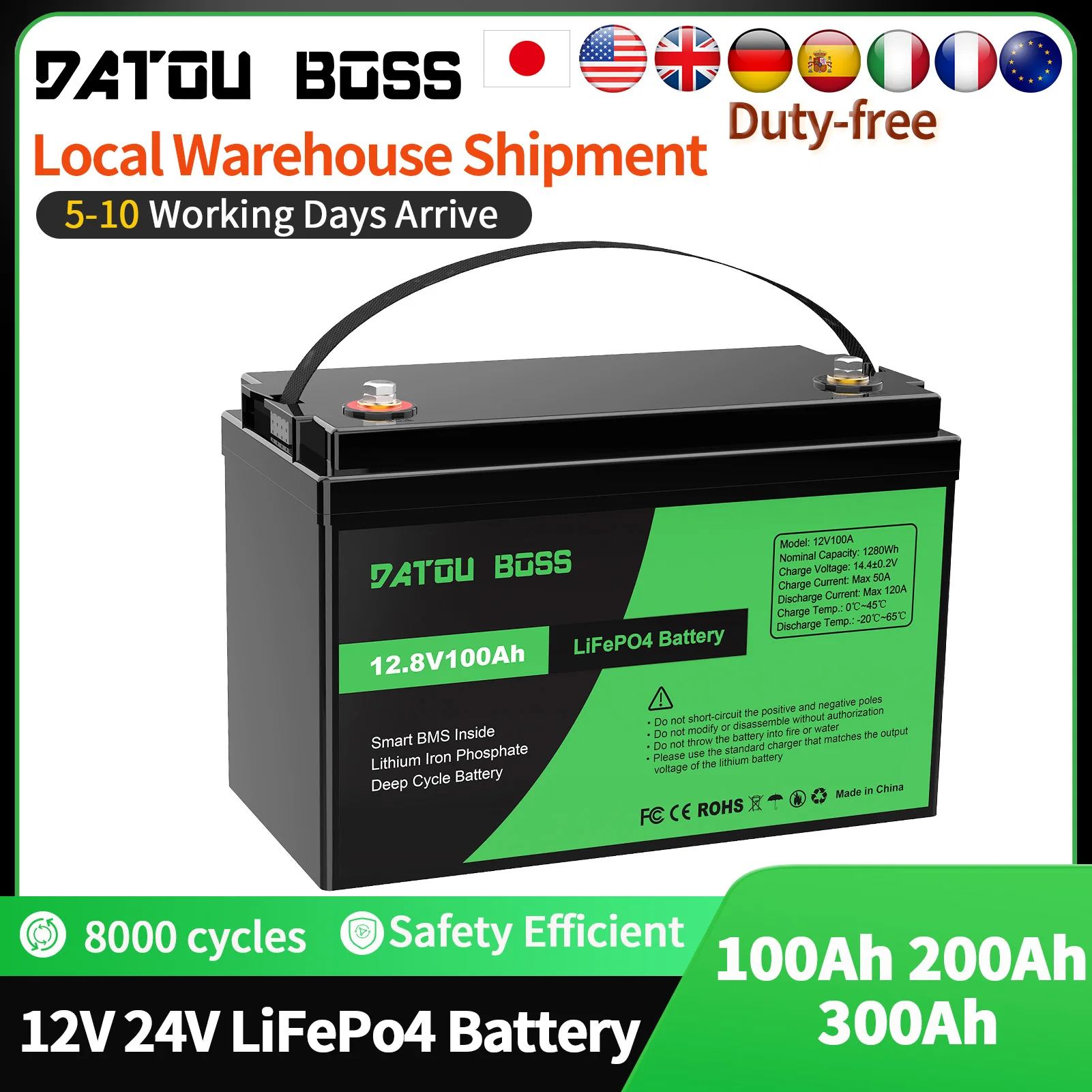 Akumulator DATOUBOSS LiFePO4 12V z BMS 8000 cykli, 100A 200A 300A, do falownika, samochodu kempingowego, układu słonecznego, łodzi, gospodarstwa domowego, słonecznego