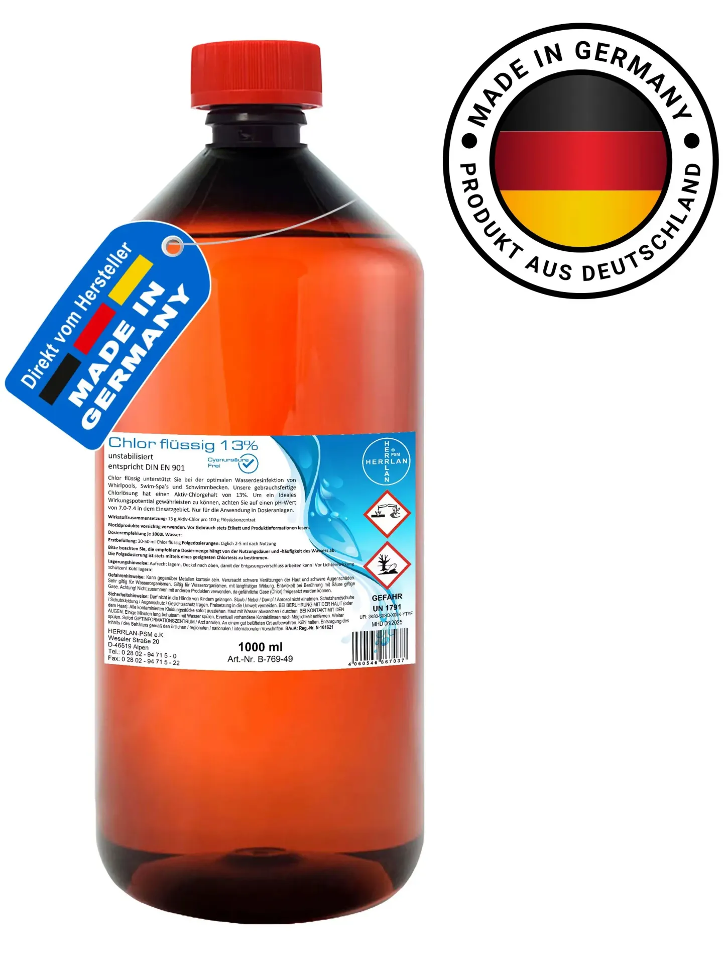 HERRLAN ® Chlor w płynie 13% - Niestabilizowany i bez kwasu cyjanurowego - Profesjonalna dezynfekcja wody do basenów, swim spa i jacuzzi