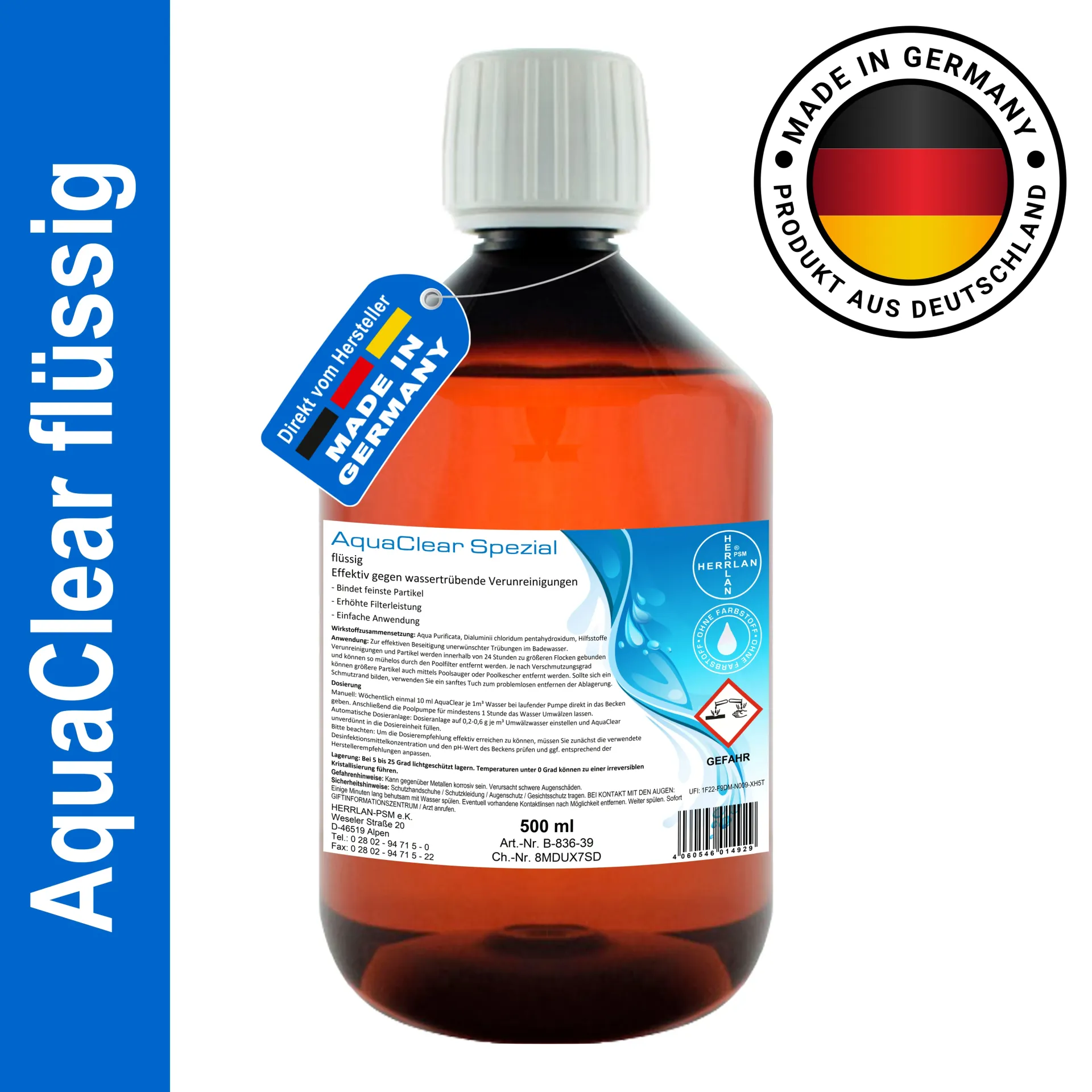 HERRLAN ® Aqua Clear Crystal Clear - Przeciw znieczystościom do basenów - Do wszystkich rodzajów filtrów - Bez barwników - Pielęgnacja wody