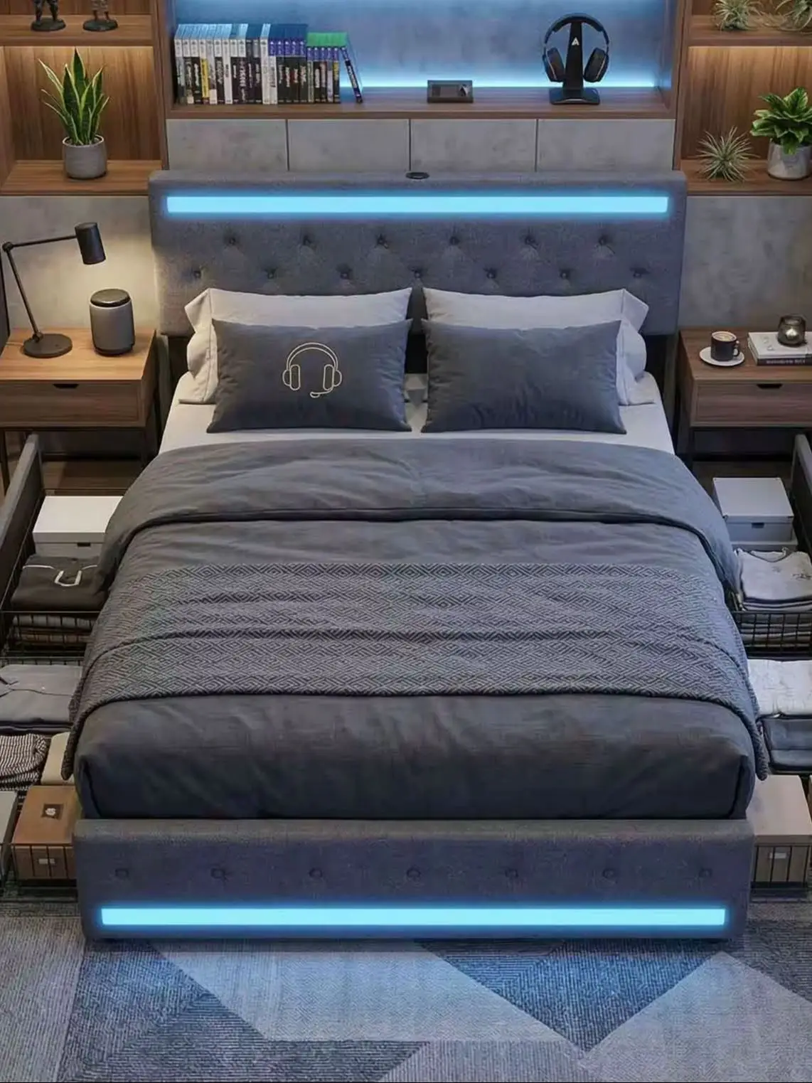 Łóżko podwójne 160x200cm szare, wezgłowie LED RGB, 4 szuflady do przechowywania, stacja USB i Type-C, nowoczesny design z uchwytem na kabel.