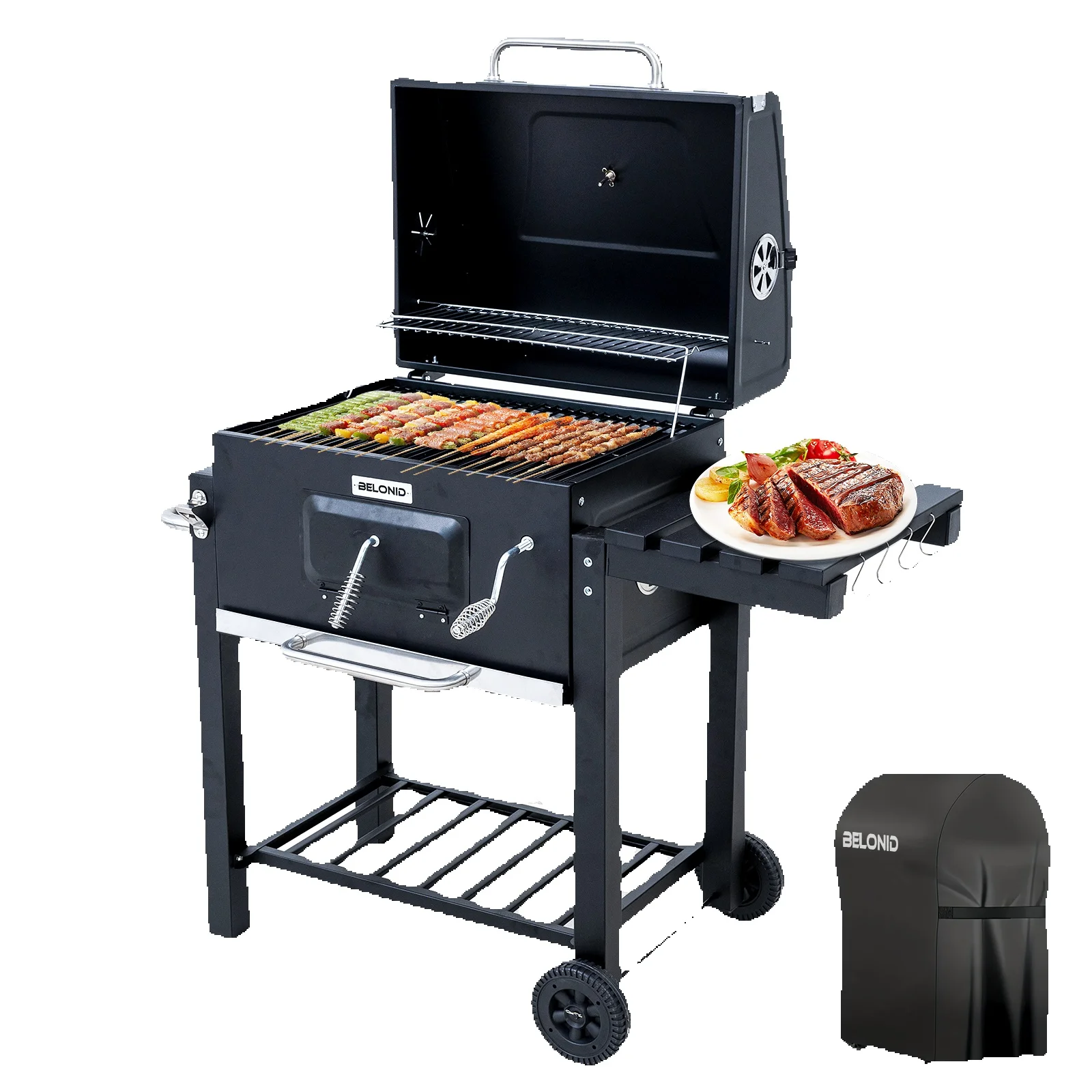 HOMAVO Grill Węglowy, Barbecue z Pokrywą, Powierzchnia Grilla: 56 × 42,5 cm, Regulowana Wysokość Paleniska, Składany Stolik Boczny, Wodoszczelne Pokrowce Ochronne