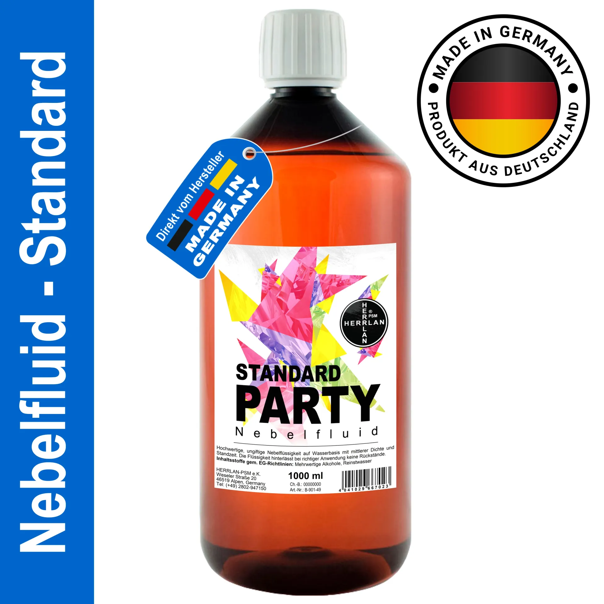 HERRLAN ® STANDARD PARTY Płyn do wytwornic dymu 1 do 5 litrów Uniwersalny płyn do wytwornic dymu na bazie wody - Wyprodukowano w Niemczech
