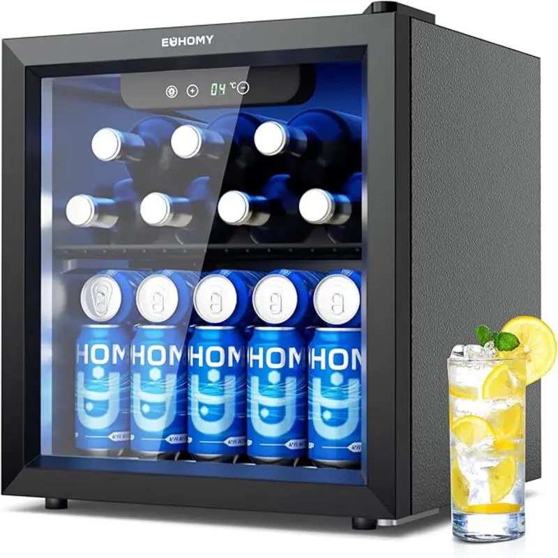 Chłodziarka do napojów, na 55 puszek, szklane drzwi, oświetlenie LED, cicha (43dB), do biura/baru