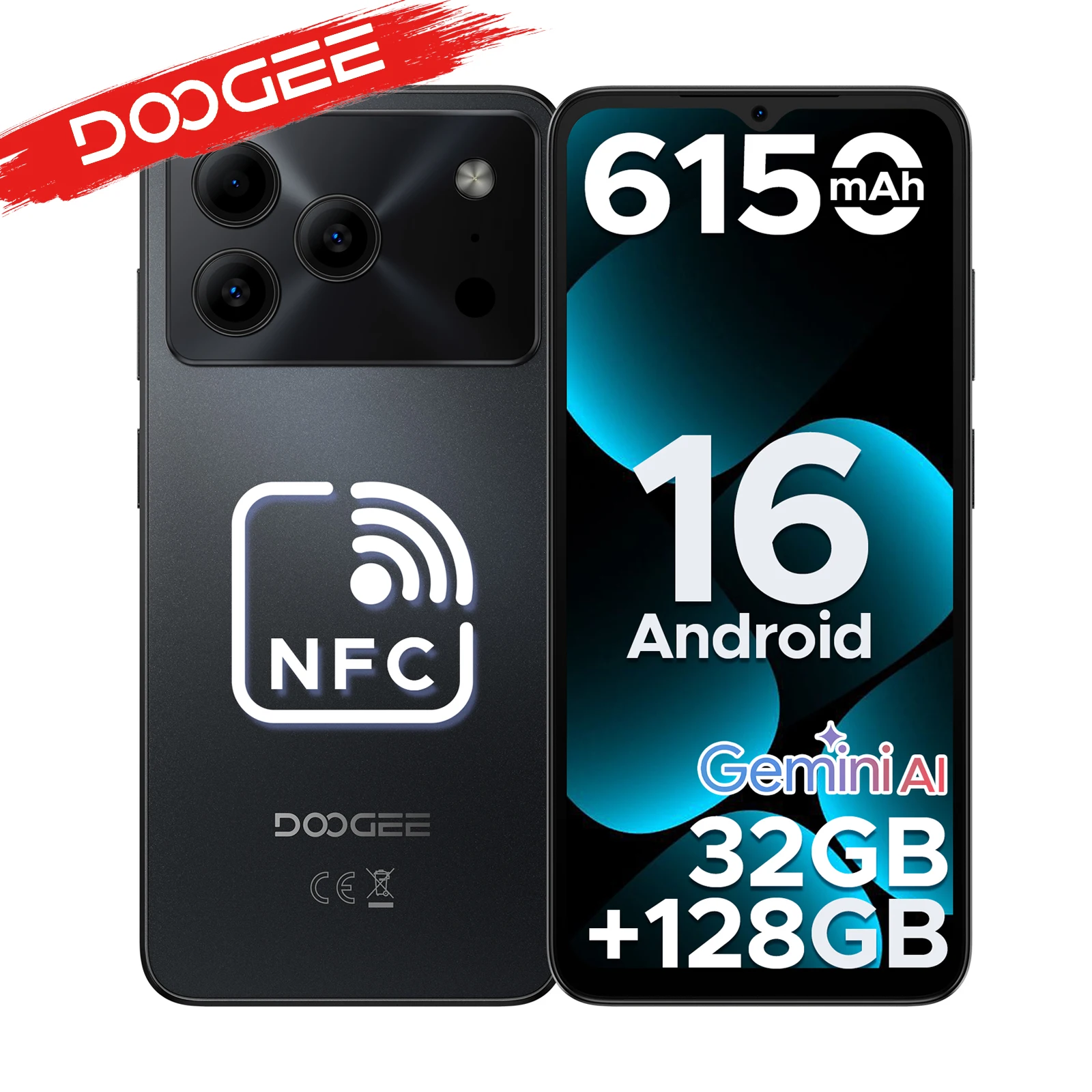 DOOGEE Note56 Pro Android 16 Smartphone 32GB RAM (4+28) 128GB ROM 6150mAh Bateria 6.56 Cala Ekran 90Hz 13MP+8MP Widevine L1 NFC Telefony komórkowe