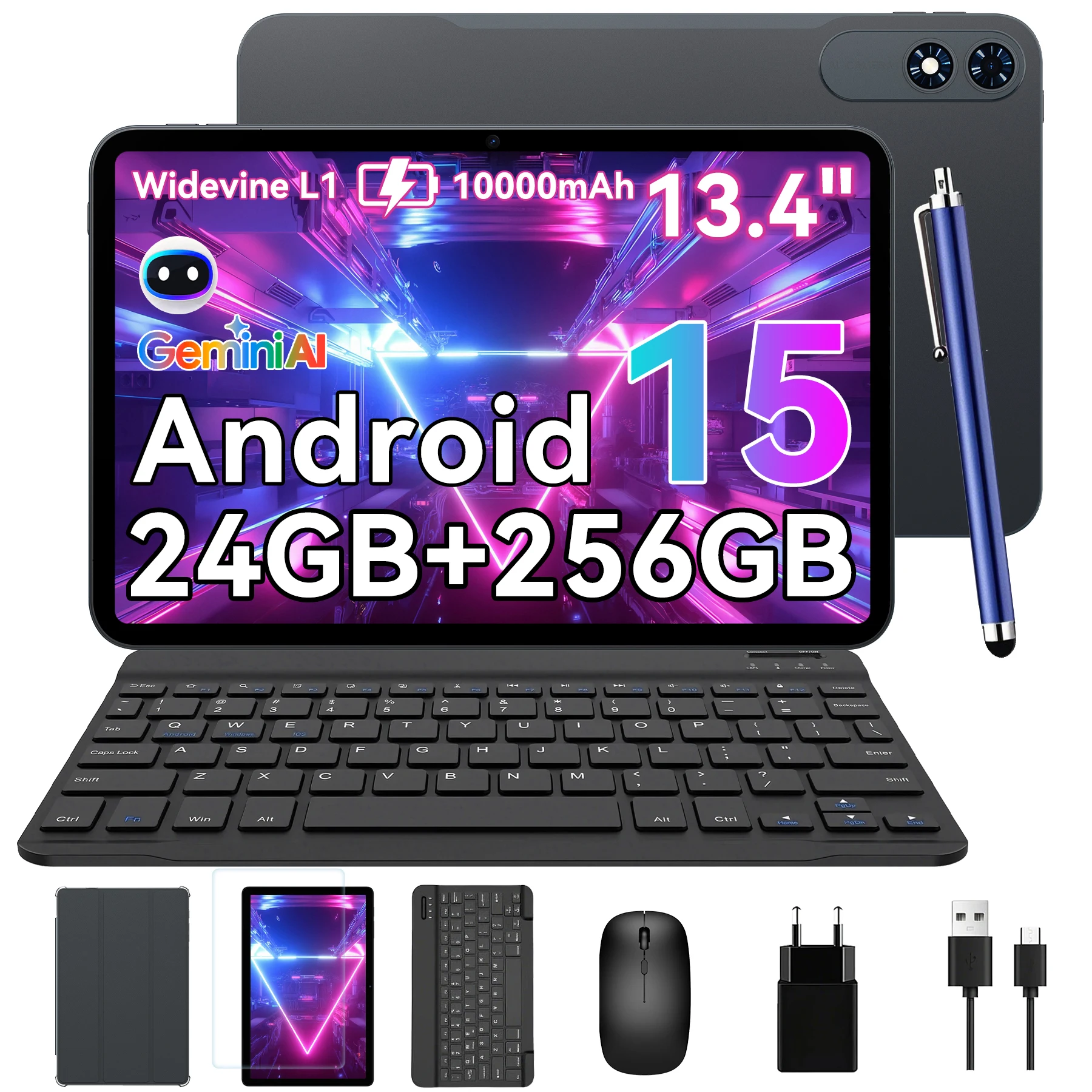 KINGRID T60 Pro 13,4 cala, Android 15, wyświetlacz 120 Hz, 24 GB RAM + 256 GB ROM, bateria 10000 mAh, tablet gamingowy z procesorem Octa-Core, WiFi 5G