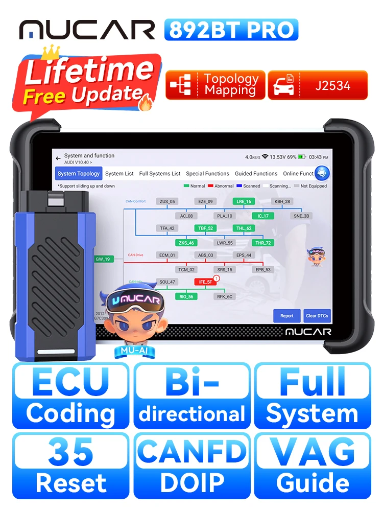 MUCAR 892BT Pro AI Skaner OBD2 Mapa Topologii Diagnostyka Wszystkich Systemów 35 Funkcji Resetowania Kodowanie ECU, J2534 /CAN FD/DoIP Dożywotnie Bezplatne Aktualizacje