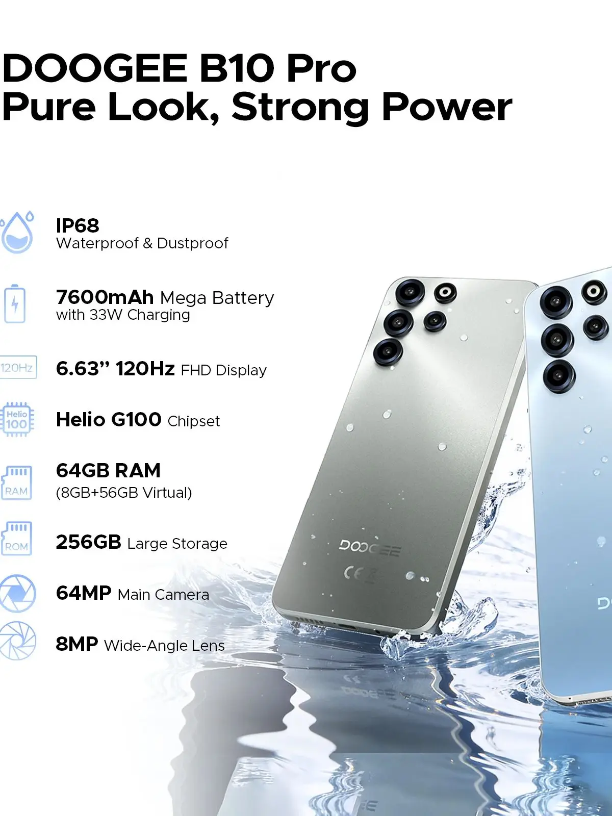 Smartfon DOOGEE B10 Pro, wodoodporny zgodnie z normą IP68, ekran 6,63 cala 120Hz, bateria 7600mAh, 64GB (8+56) RAM, 256GB ROM, Helio G100, obsługa Widevine L1, NFC, telefon komórkowy.