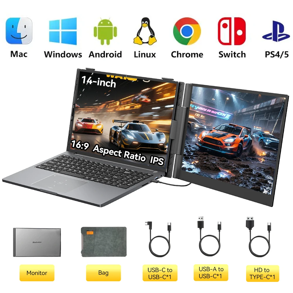 Blackview SCM6 Przenośny Monitor Laptopowy, 14 cali FHD 1080P IPS 16:9, przenośny monitor dla Windows/Mac/Android, wyświetlacz LCD 60Hz