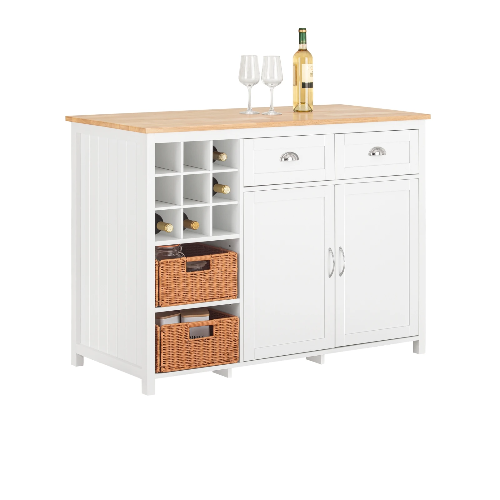 Wyspa kuchenna SoBuy KNL05-W z 2 koszami rattanowymi, wolnostojąca szafka kuchenna, kredens, stół barowy, stół do jadalni, bufet, biały, 120x90x56cm