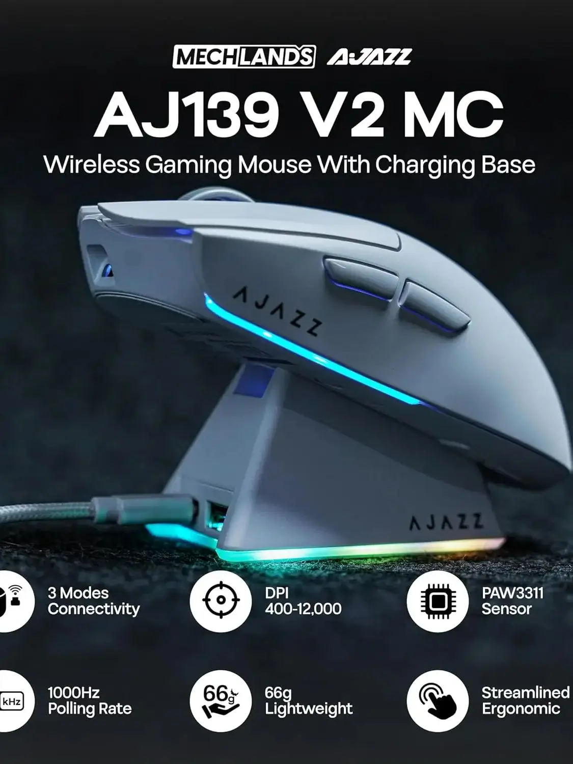 Ajazz AJ139 V2 MC Mysz gamingowa z podstawką ładującą, regulowana 12000DPI, czujnik PAW3311, 3 tryby, mysz bezprzewodowa, bateria 500mAh