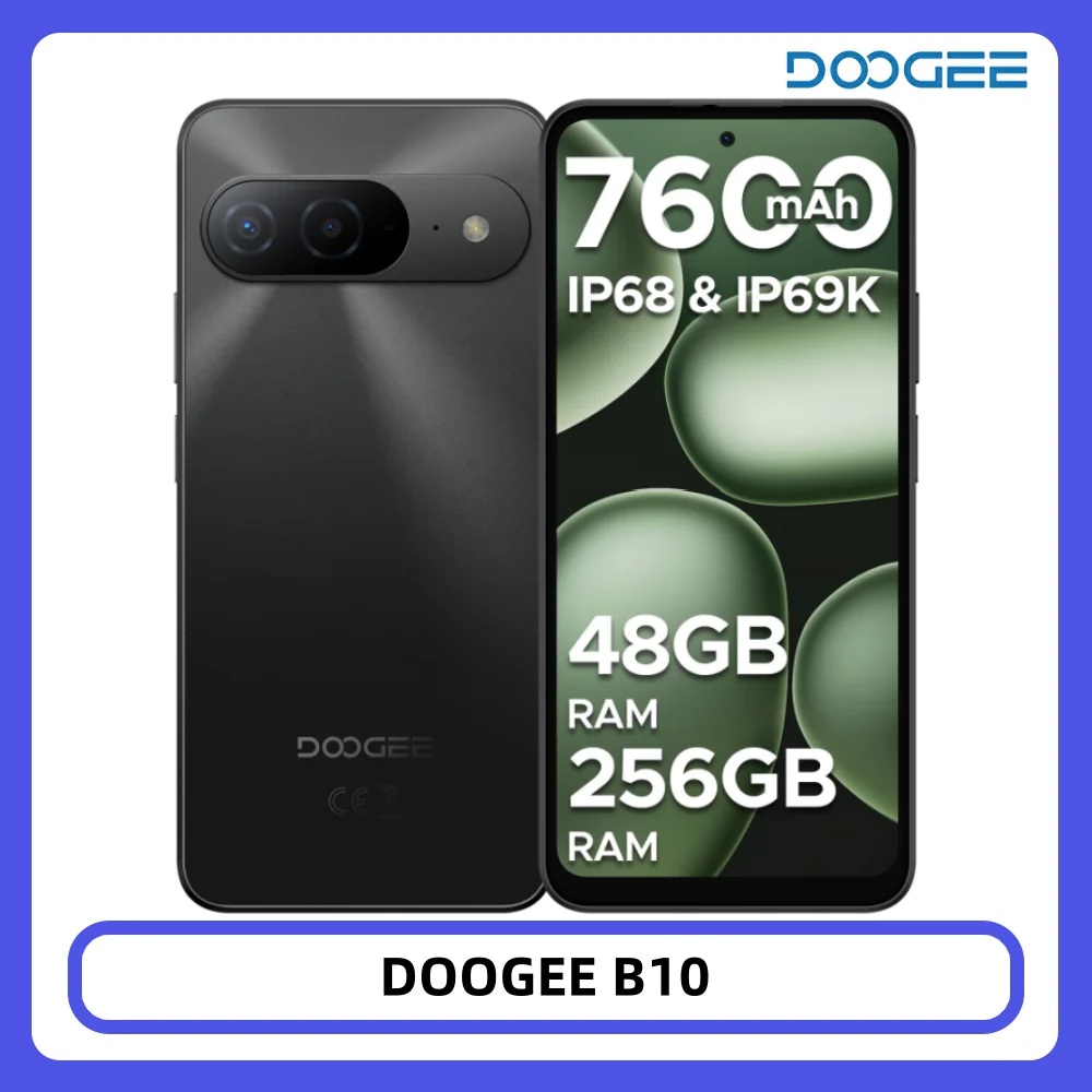 Smartfon DOOGEE B10 Android 16 48GB+256GB IP68 6.63” FHD 120Hz Wyświetlacz Helio G100 7600mAh Duża bateria 64MP Kamera Telefon komórkowy