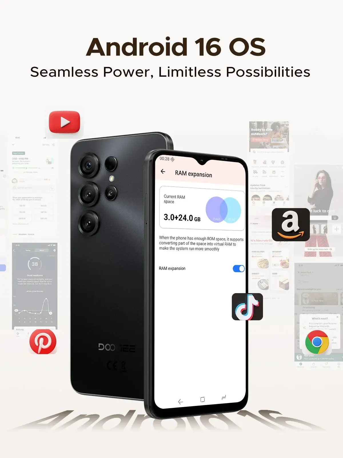 Globalna Wersja DOOGEE Note56 X Smartfon Android 16-calowy, bateria 6150 mAh, 24 GB RAM (3 + 21), 64 GB ROM, telefon komórkowy