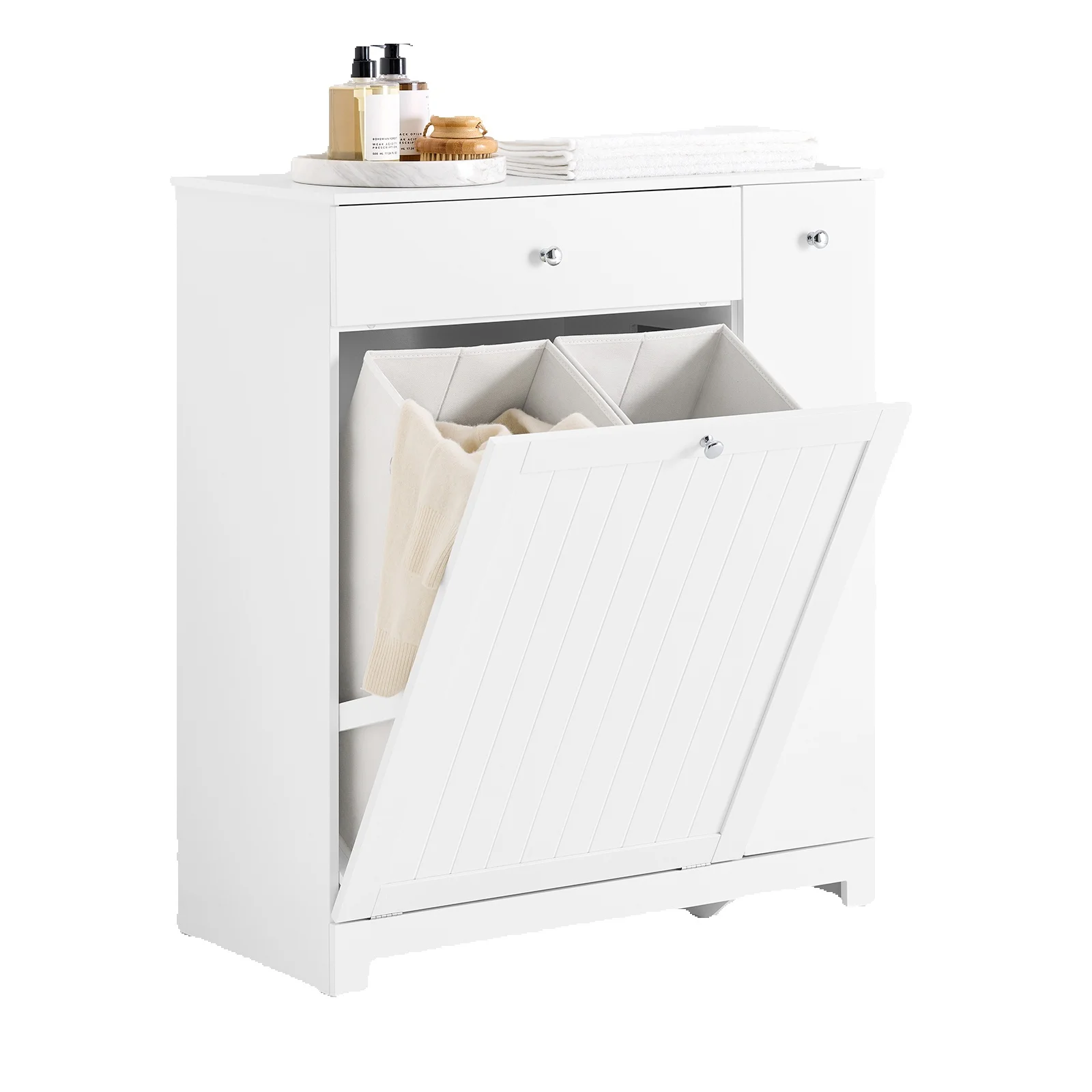 Szafka łazienkowa SoBuy BZR214-W z pojemnikiem na pranie, 1 szuflada, 2 kosze i wysuwany schowek 78x38x90cm