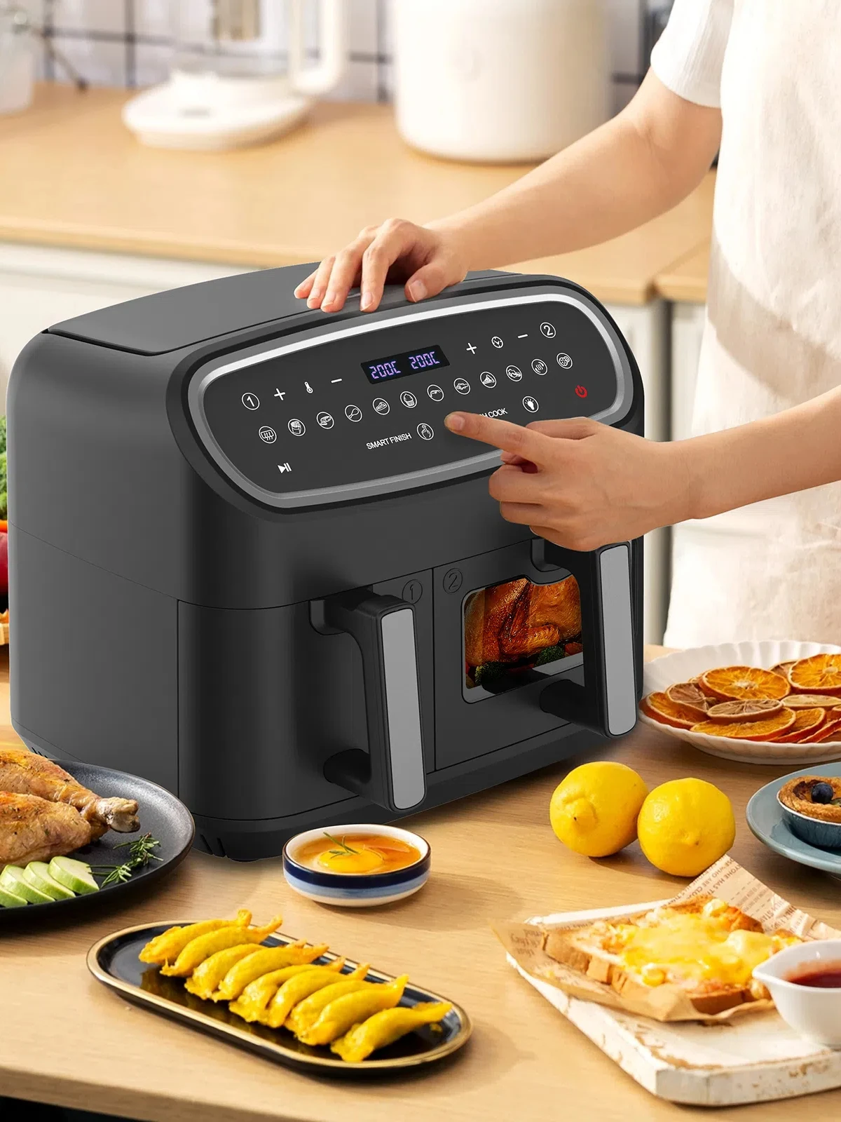 Frytkownica beztłuszczowa dwuoblastna 10L z okienkiem obserwacyjnym, dotykowym ekranem LED, regulacją czasu/temperatury – Mini piekarnik, kompaktowa frytkownica