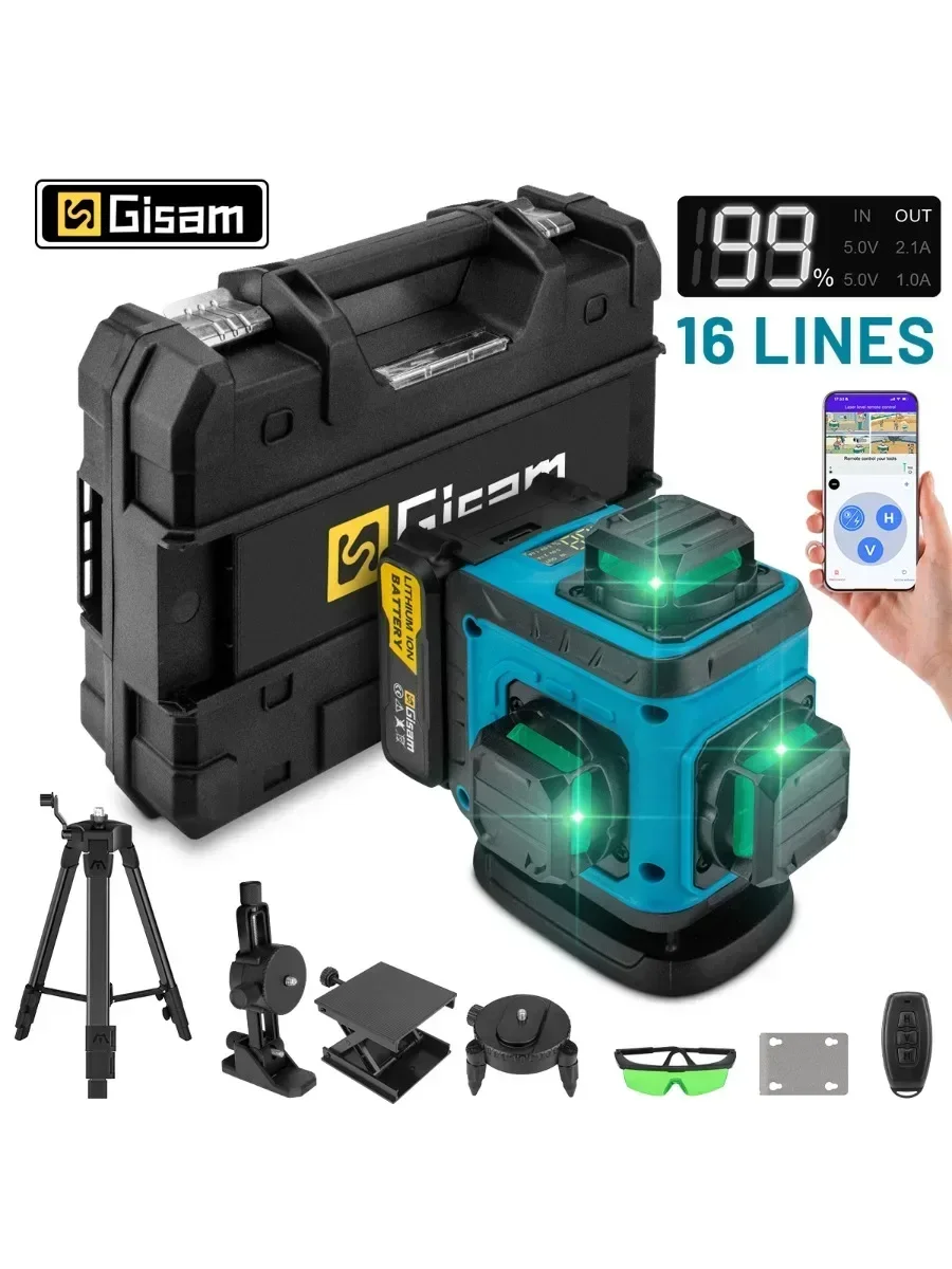 Gisam 4D 16 linii 360 ° Samopoziomujące poziomy laserowe ze statywem i walizką Profesjonalne narzędzie do poziomowania laserowego w poziomie i pionie