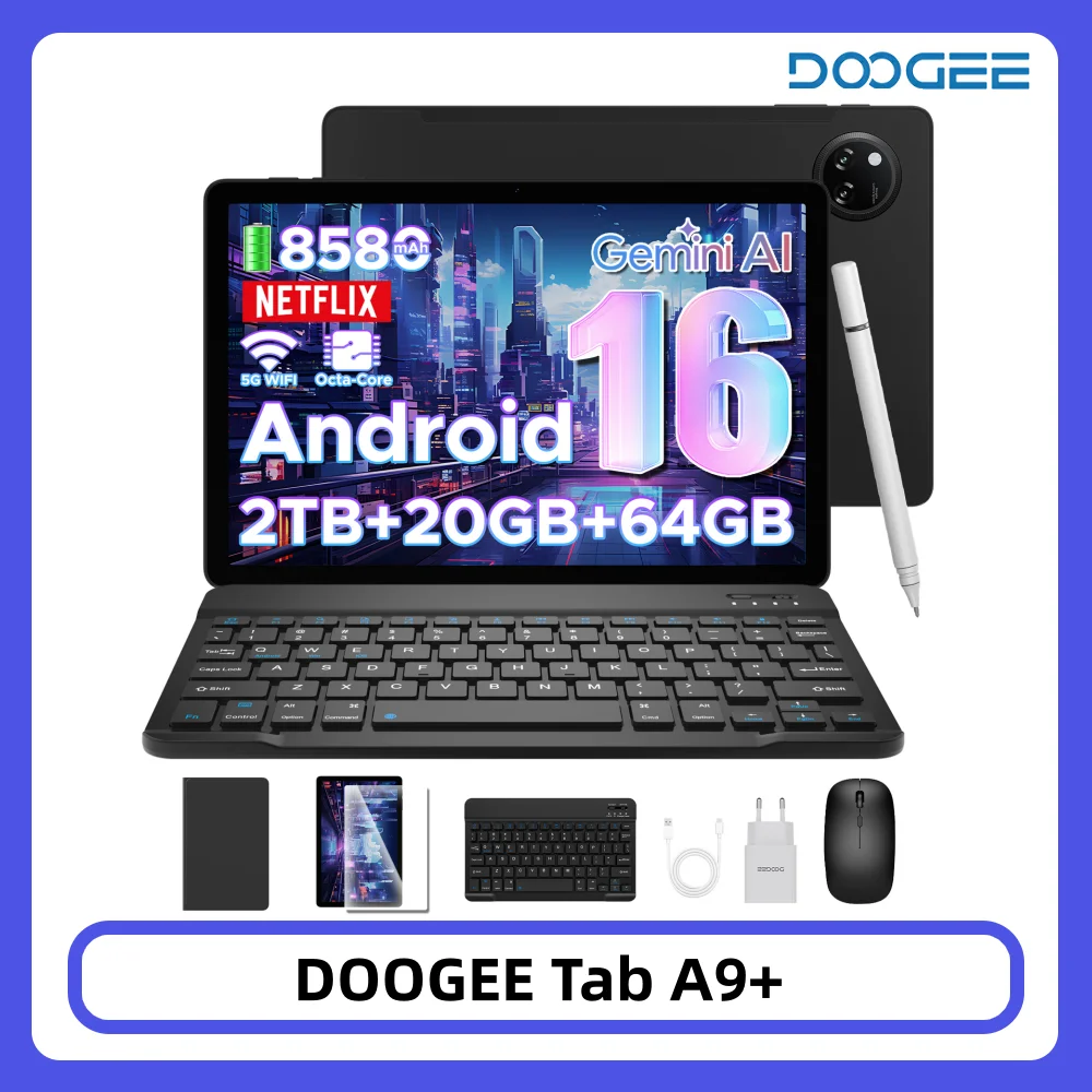 DOOGEE Tab A9+ z 11-calowym wyświetlaczem HD, 20 GB (4+16) pamięci RAM, 64 GB pamięci masowej, dużą baterią 8580 mAh, procesorem Unisoc T7200 Octa Core, dwoma głośnikami i systemem Android 15.