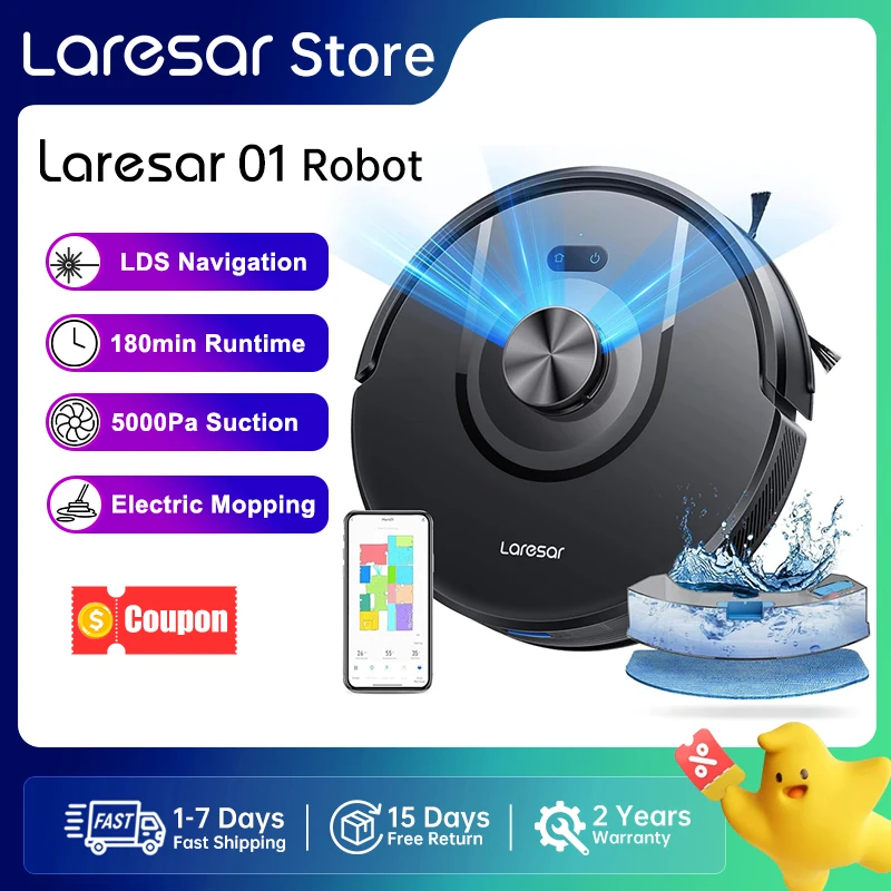 Laresar Mars01 Robot sprzątający z funkcją mopowania, nawigacja LDS LiDAR, moc ssania 5000Pa, inteligentne mapowanie, mycie podłóg, czyszczenie dywanów i sierści zwierząt