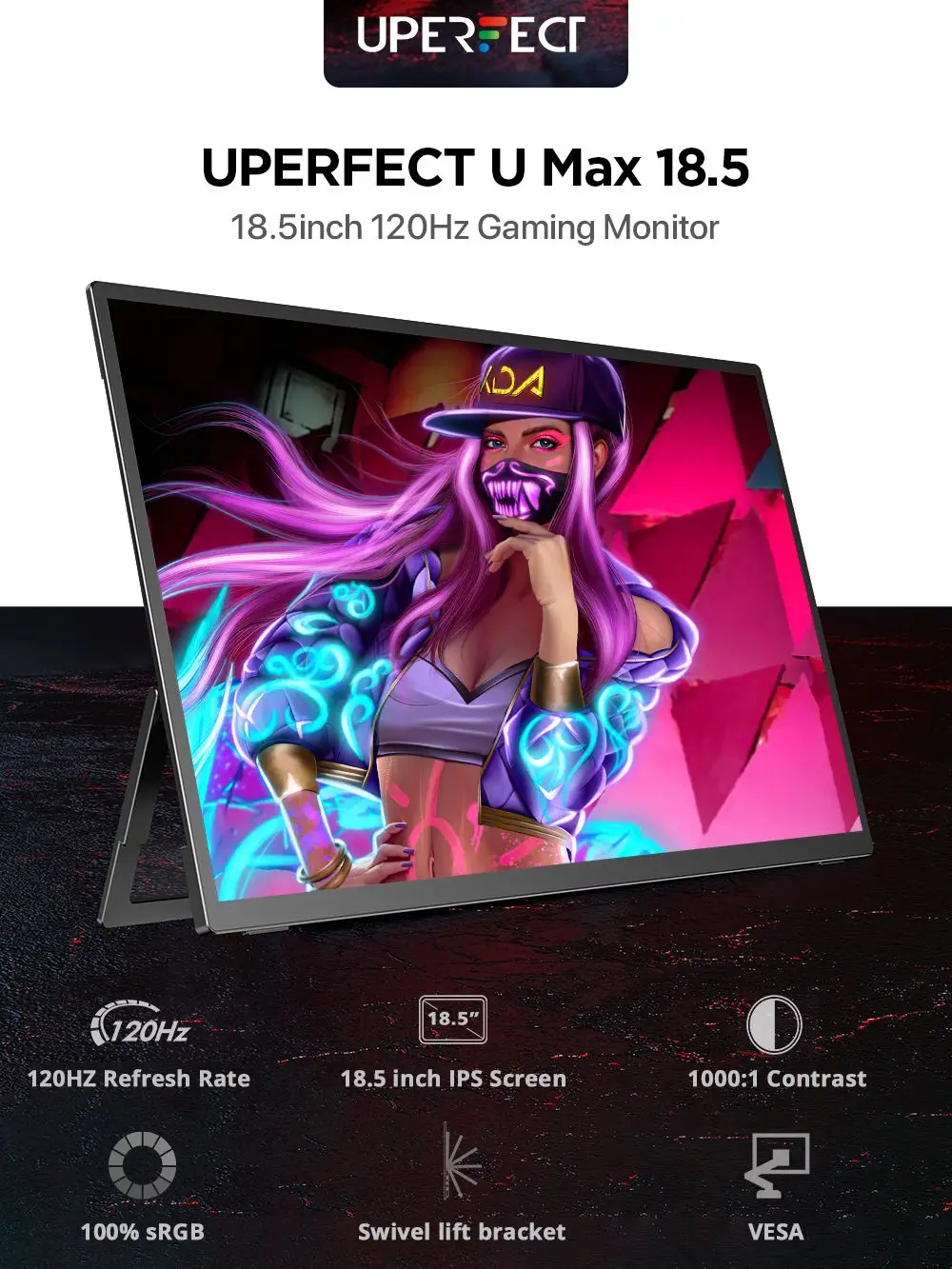 UPERFECT 18,5-calowy komputerowy wyświetlacz do gier przenośny Monitor 120HZ IPS Laptop HDMI USB C ekran zewnętrzny z regulacją VESA