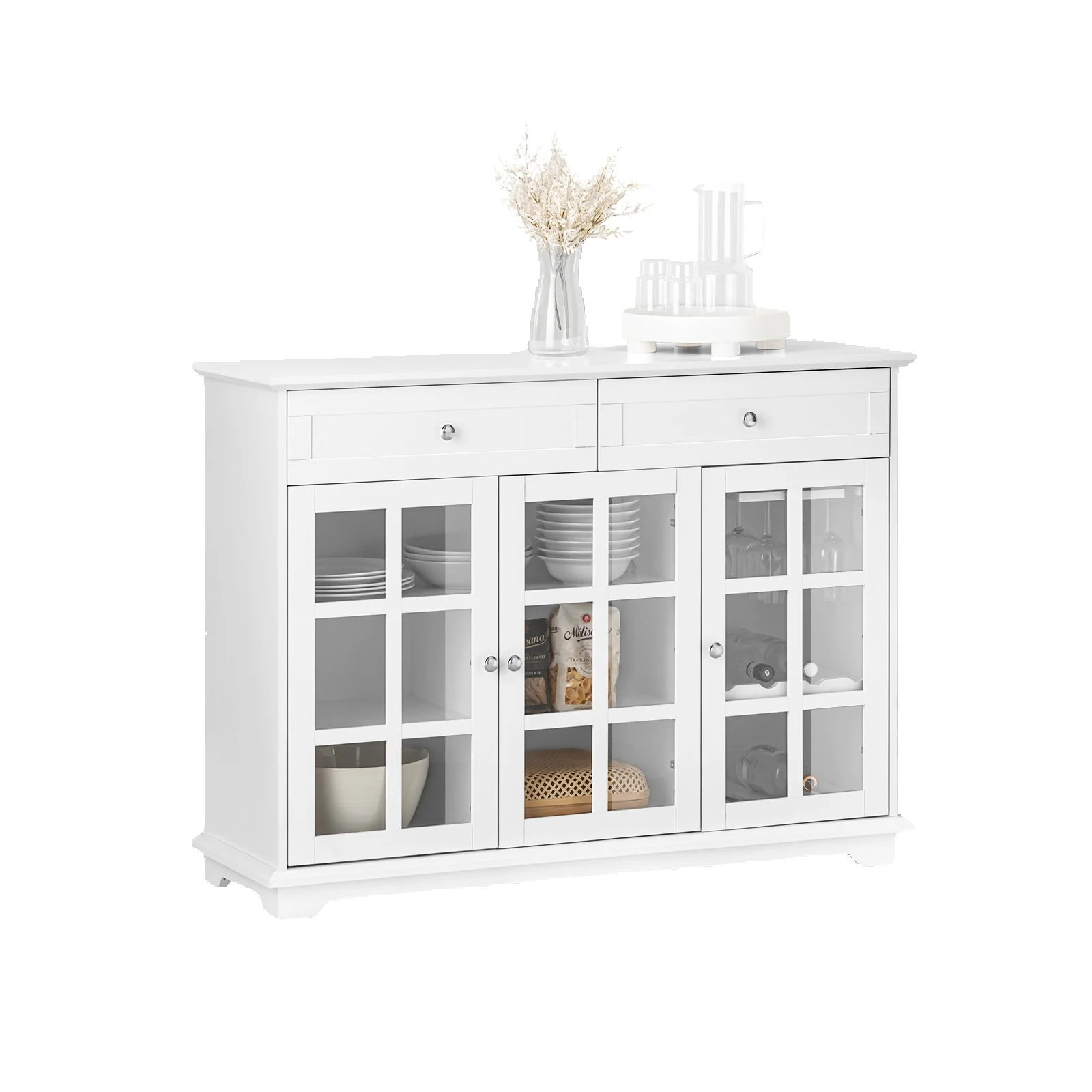SoBuy FSB77-W Szafka kuchenna Wyspa kuchenna z szklanymi drzwiami Wolnostojąca szafka kuchenna Bufet Stół barowy Stół do jadalni Bufet Biały 119x90x40cm