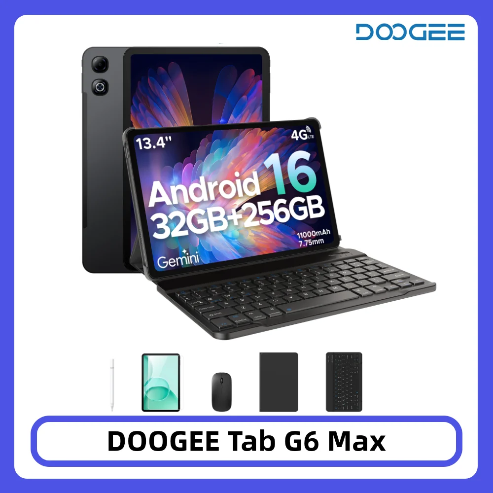 DOOGEE Tab G6 Max 2 w 1 Tablet PC 32GB 256GB 13.4'' FHD+ Wyświetlacz Android 16 Gemini AI 11000mAh 7.7mm Ultracienki Widevine L1