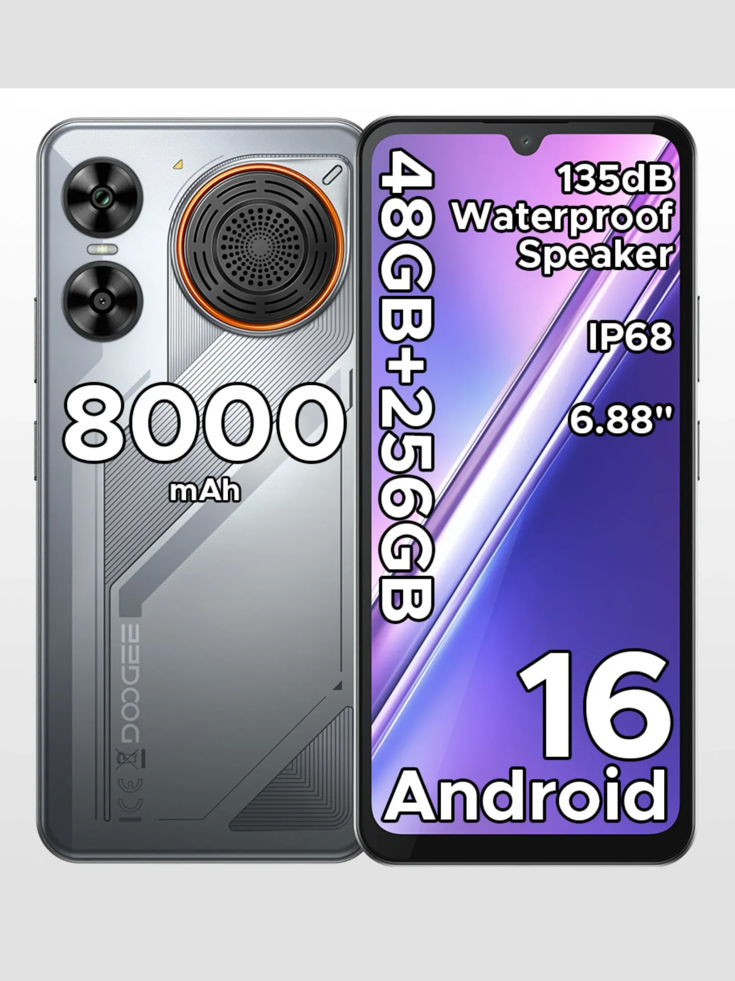 Smartfon DOOGEE M30 Android 16 48GB+256GB IP68 135dB Duży Głośnik 6.88” 120Hz Wyświetlacz 8000mAh Bateria 64MP Kamera Telefon Komórkowy