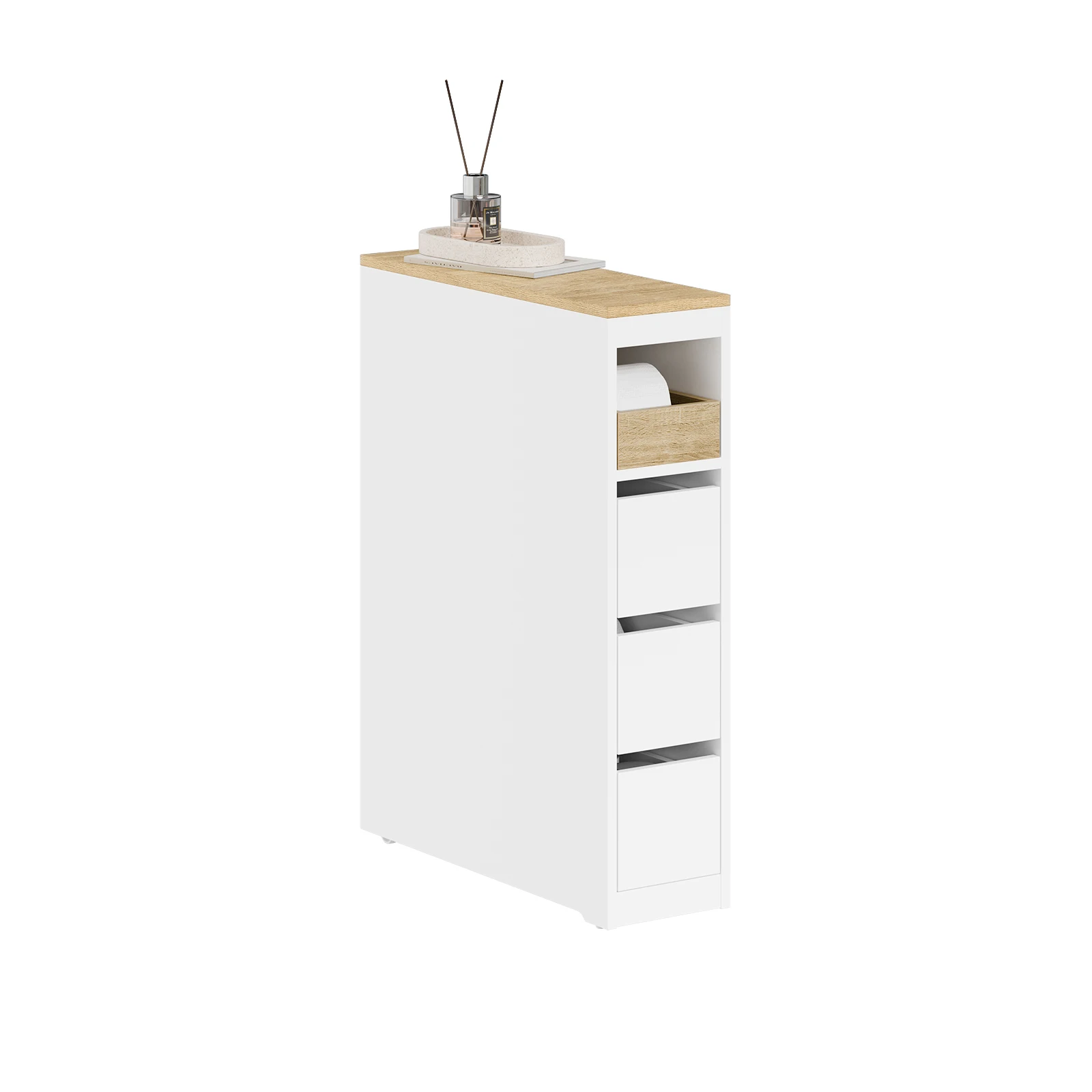 Szafka łazienkowa SoBuy BZR54-K-W z rolkami 20 cm, z 3 szufladami, mobilna szafka toaletowa do małych toalet, biała, 60x20x82.3