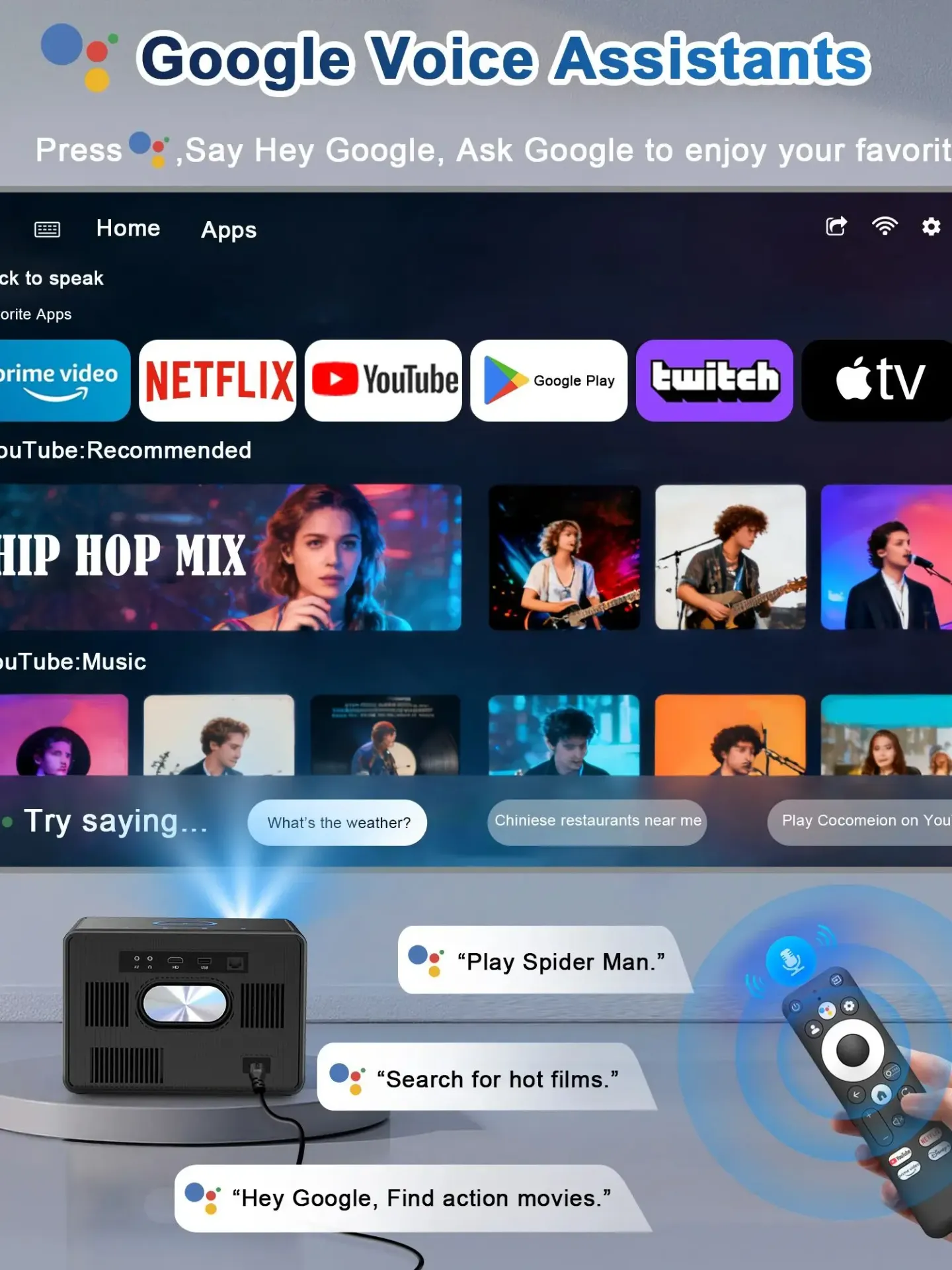 Projektor HORLAT 3500ANSI Google TV 4K, w pełni zamknięty projektor optyczny do kina domowego, 1080P, 5G WiFi6, TOF Auto Focus, projektor do gier