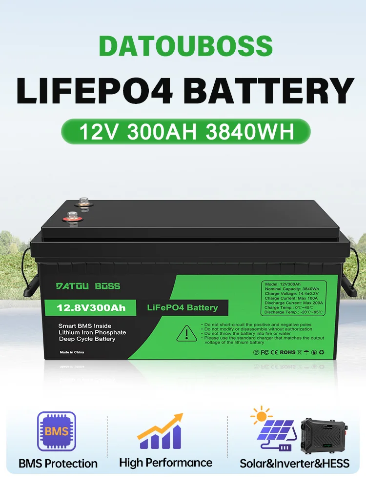 DATOUBOSS 12V 300Ah LiFePO4 Battery 3840Wh Cells Built-in BMS 8000 Cycles Deep Cycle for RV Solar Marine Off-Grid Inverter