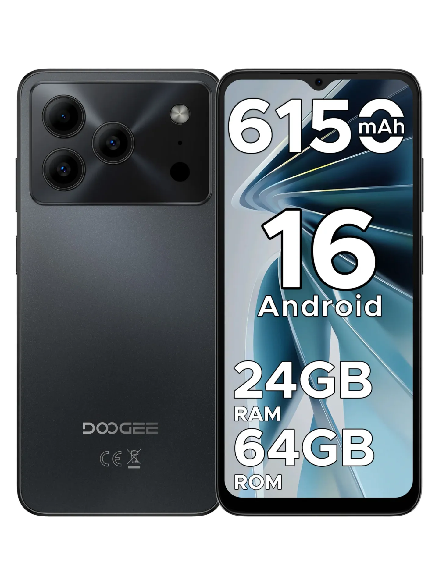 Smartfon DOOGEE Note 56 Android 16, duża bateria 6150mAh, wyświetlacz 6.56'' 90Hz, 24GB RAM, 64GB ROM, aparat 8MP+5MP, odblokowywanie twarzowe, telefon komórkowy 3GB 64GB BLACK