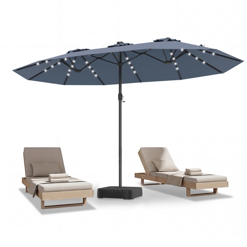 Parasol ogrodowy, 460 x 285 cm, prostokątny, podwójny parasol, z korbką do otwierania i zamykania, 48 diod LED, podstawa w zestawie, szary