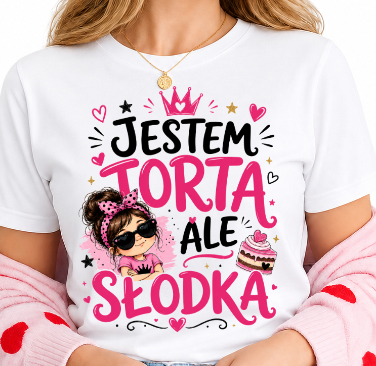 Koszulka ze śmiesznym napisem JESTEM TORTA ALE SŁODKA