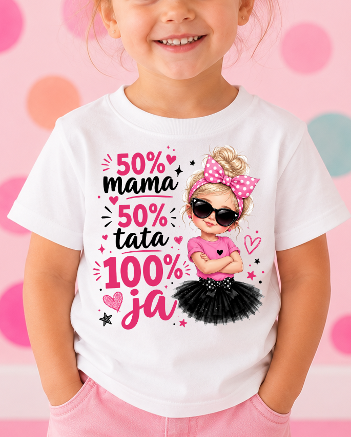 Koszulka dla dziewczynki 50 % mama 50 % tata z blondynką
