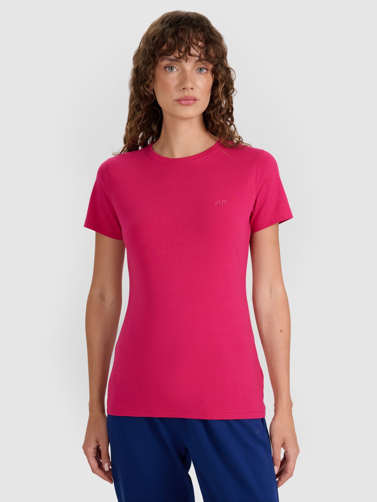 4F T-shirt slim gładki damski - różowy XXL