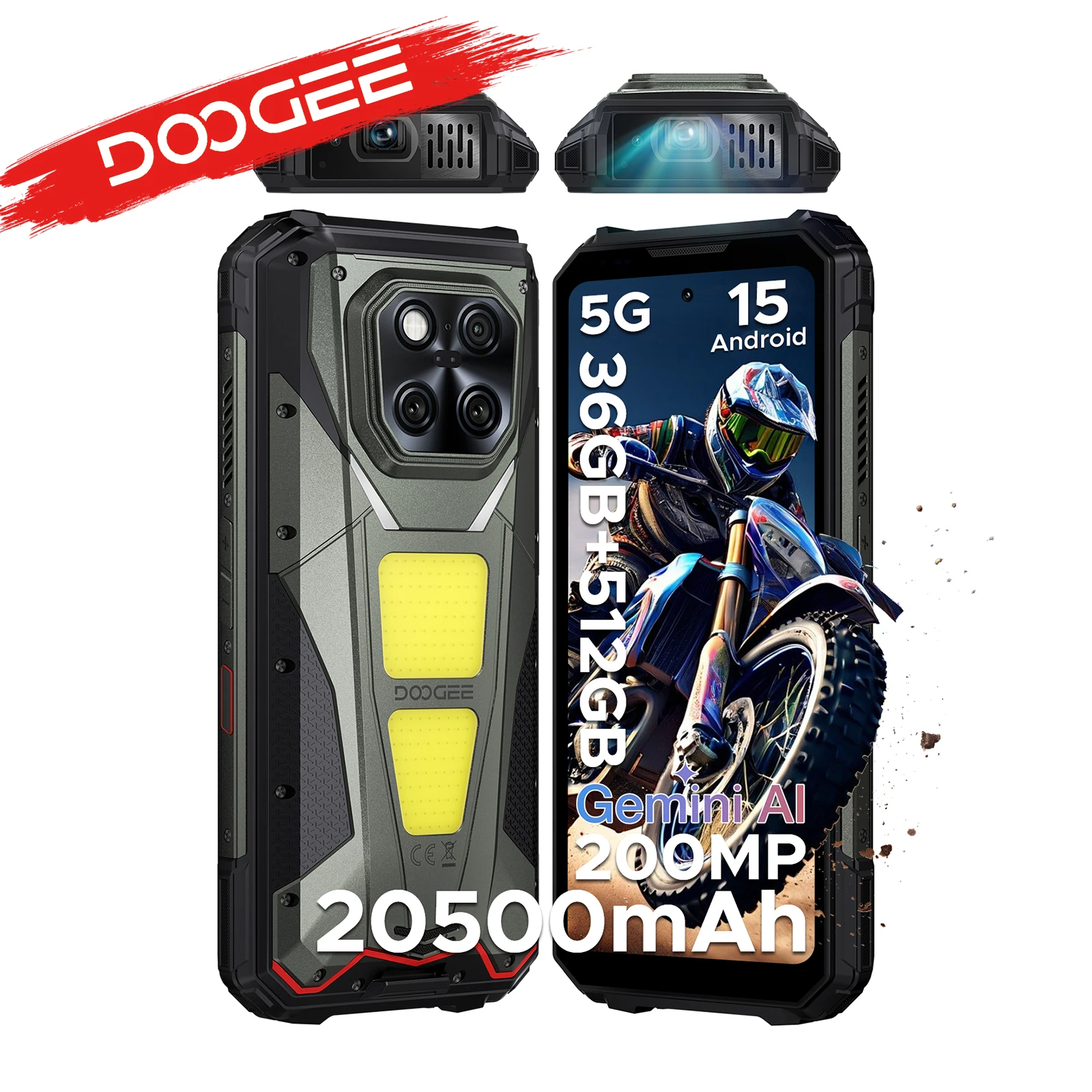 DOOGEE V Max Play - Wzmocniony telefon z projektorem, bateria 20500mAh, 1200 lumenów, podwójne światło campingowe, 36GB RAM (16+20), 512GB pamięci, NFC
