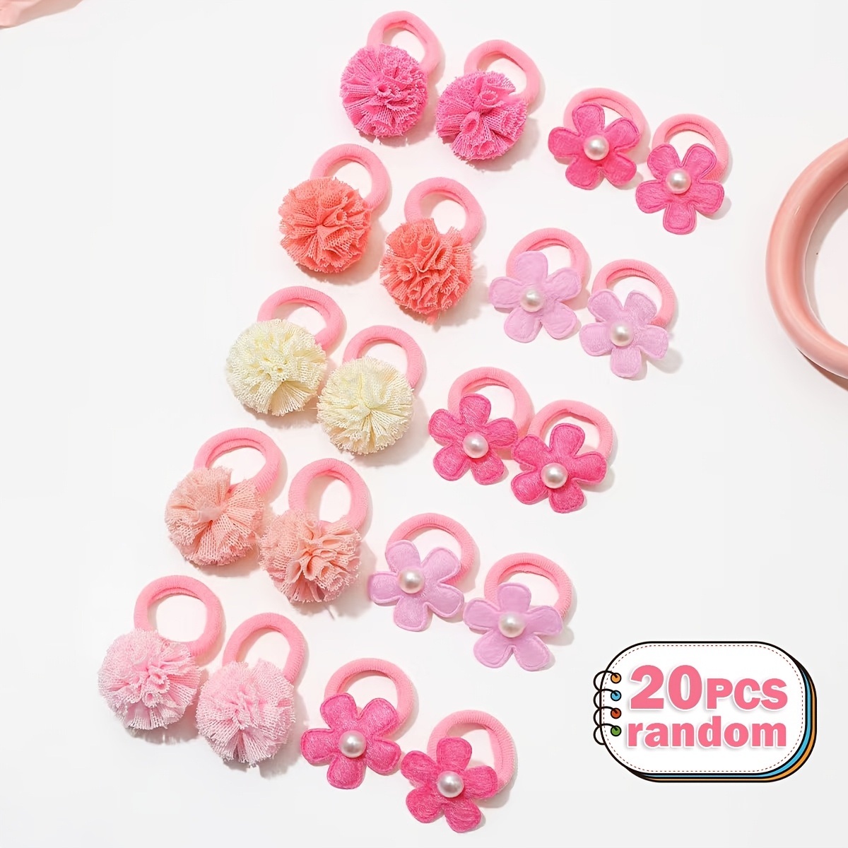 TEMU 20 sztuk gumek do włosów w losowych kolorach, różowe, z różnymi słodkimi dekoracjami, takimi jak różowe kwiatki, ' Hair Ropes, wysoka