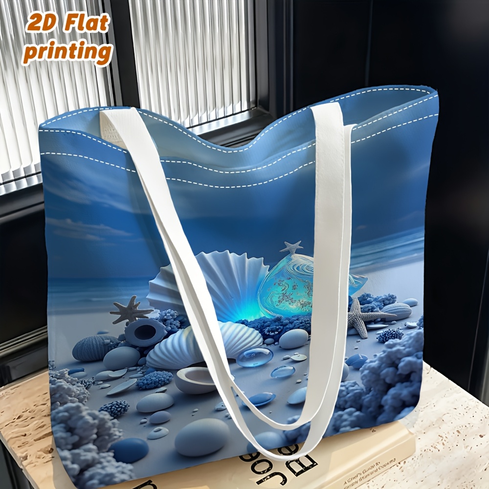 TEMU 1 szt. Niebieska Torba na Ramię Damska z Nadrukiem Muszli, i Rozgwiazdy, Wielofunkcyjna Torebka do Ręki/Crossbody, Wielokrotnego Użytku, Modna,