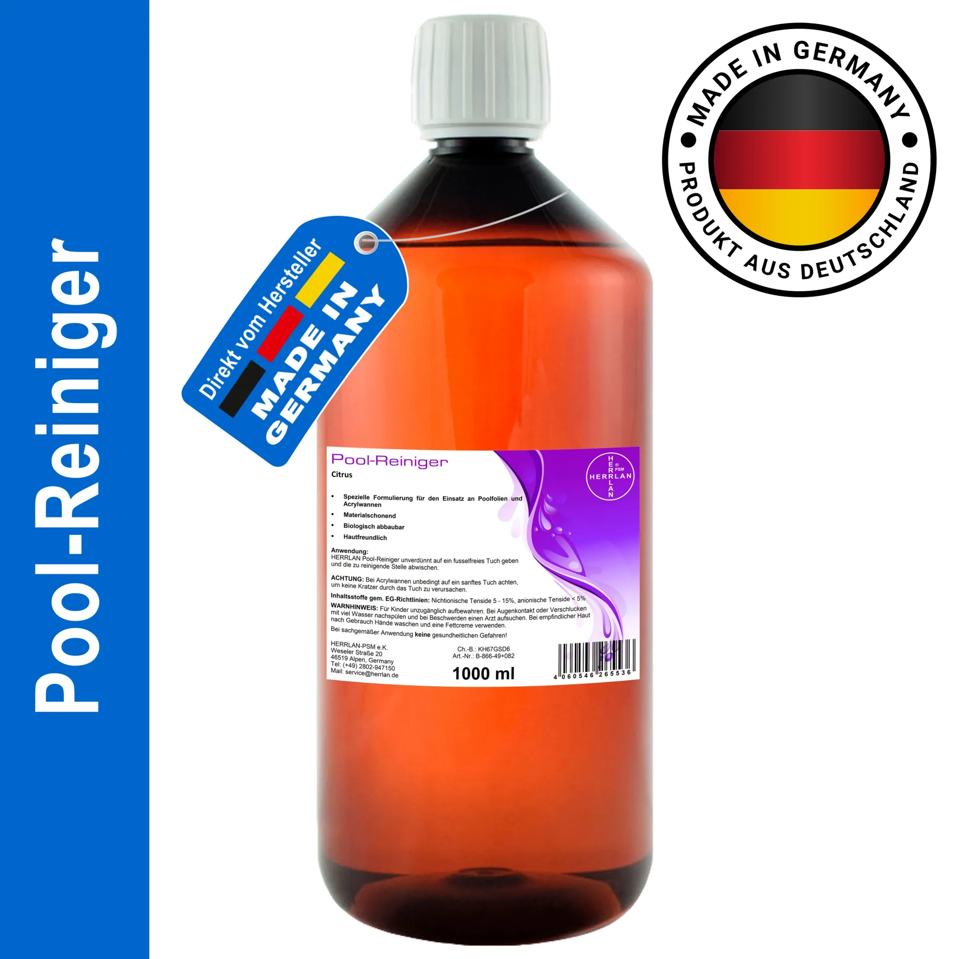 HERRLAN ® Środek do czyszczenia basenów 1000 ml - o zapachu cytrusów - płyn do czyszczenia basenów i stawów.